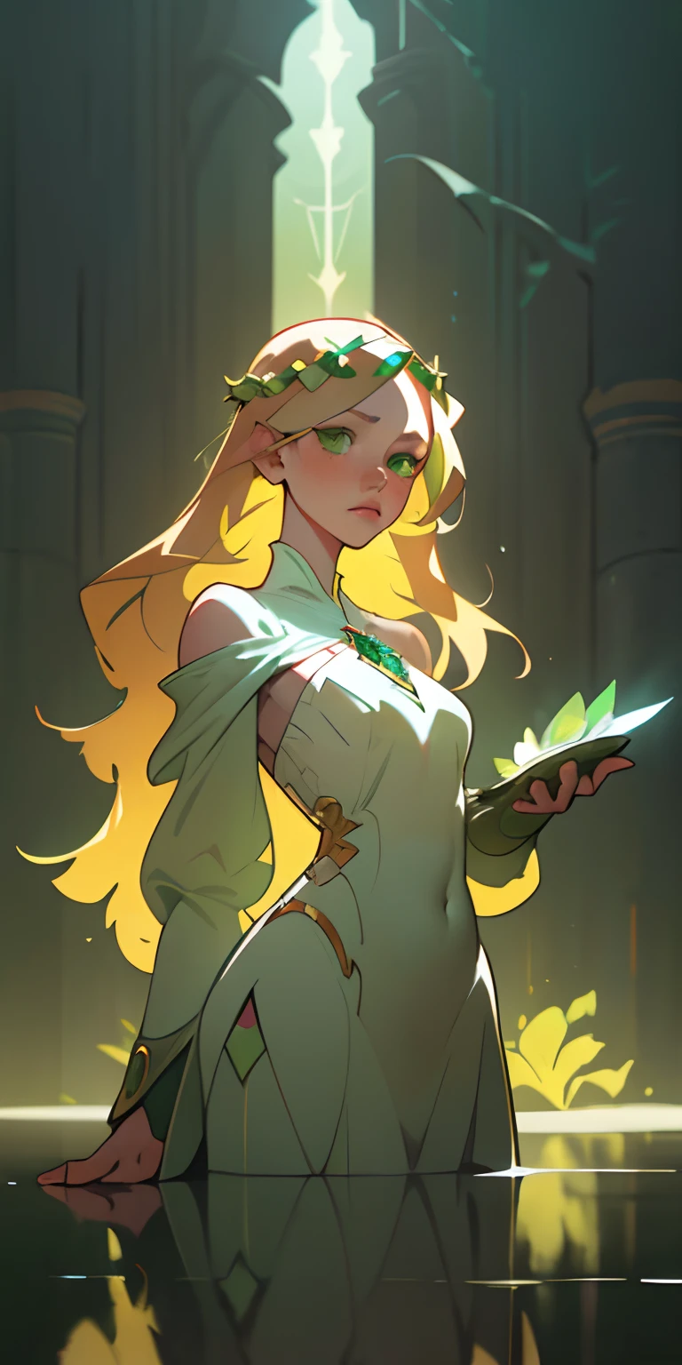 1girl, ((blond hair)), long hair, détailled eyes (((green eyes))), flower crown, freckle, (emerald pendant), white dress, overwatch, digital painting, cold colors palette, full color, highly detailed eyes, anime eyes, pretty face, blizzard, illustration, sharp focus, dramatic lighting, smooth, trending on artstation, cinematic, 8k, concept art, raytracing, elegant, reflections, art style from artgerm and wlop and alphonse mucha and greg rutkowski, background is a fantasy medieval city white.