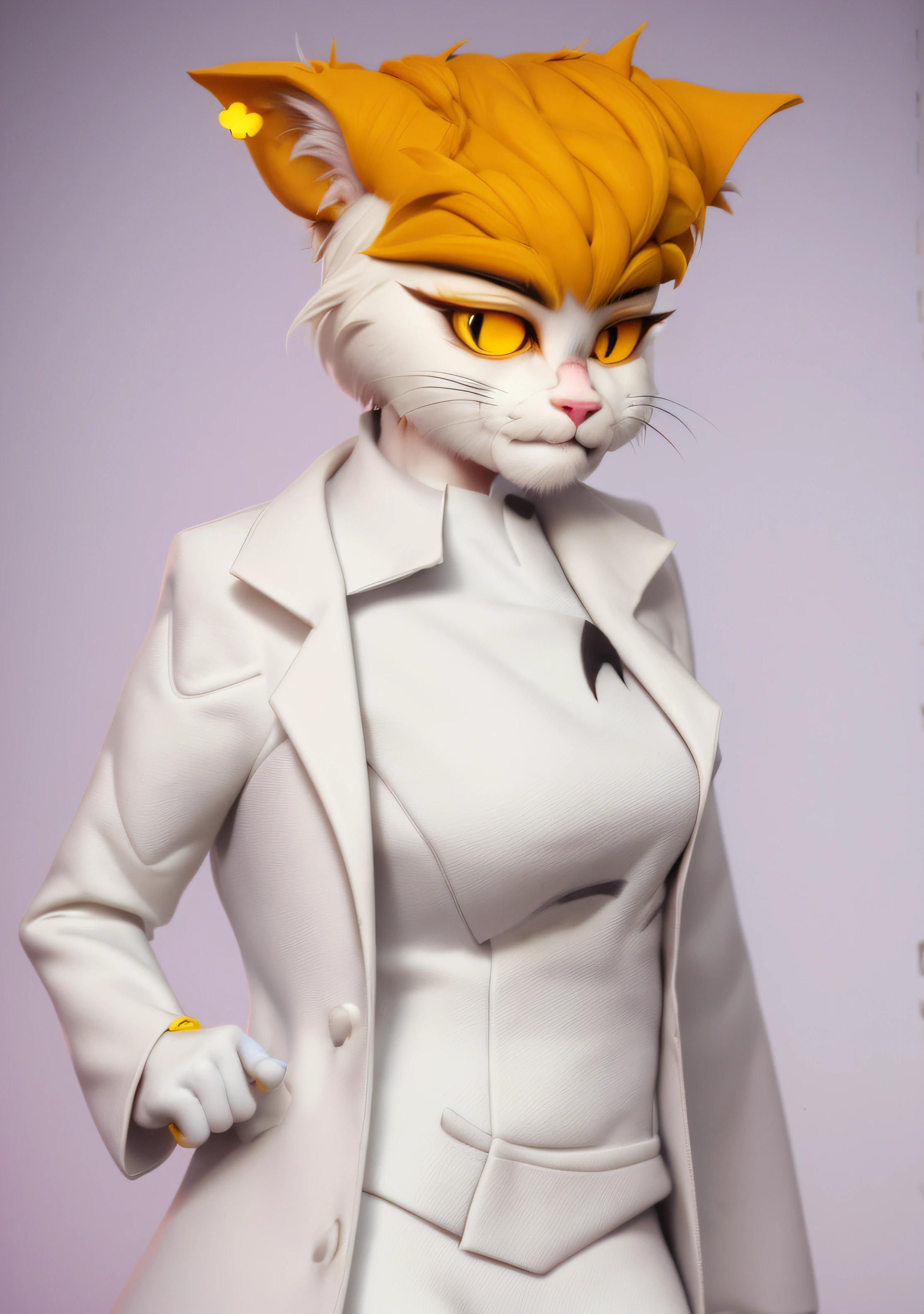 mujer con orejas de gato, furry, pelo amarillo, ojos amarillos, Traje de medico blanco, Parece una figura coleccionable, Estilo de renderizado 3D, Fondo espacial, Obra maestra , realista,