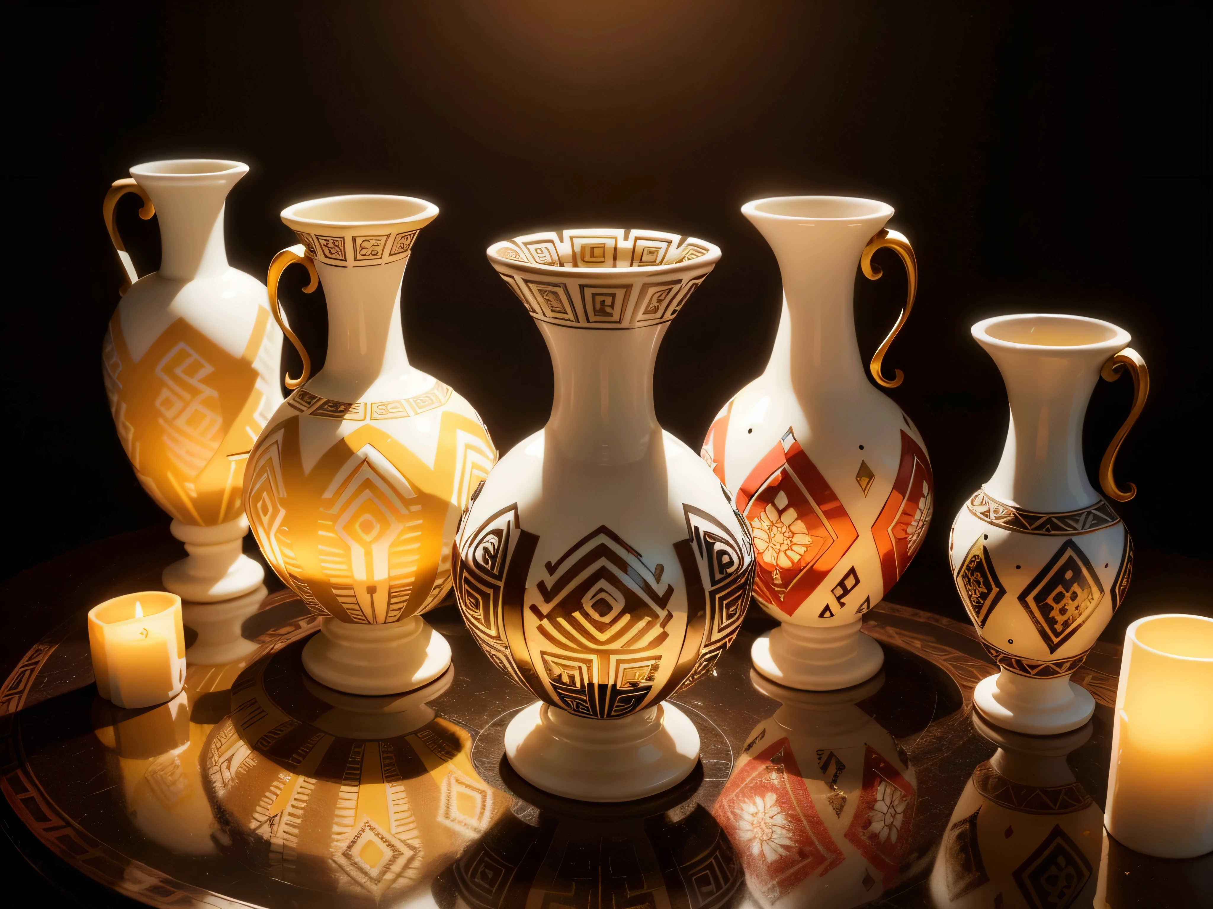 "Unique vase, aesthetic, elegante, porcelana fina, blanco con ((adornos aztecas dorados)), con hermosas rosas rojas y amarillas, sobre fondo oscuro, foco nítido, with minimalist lighting."