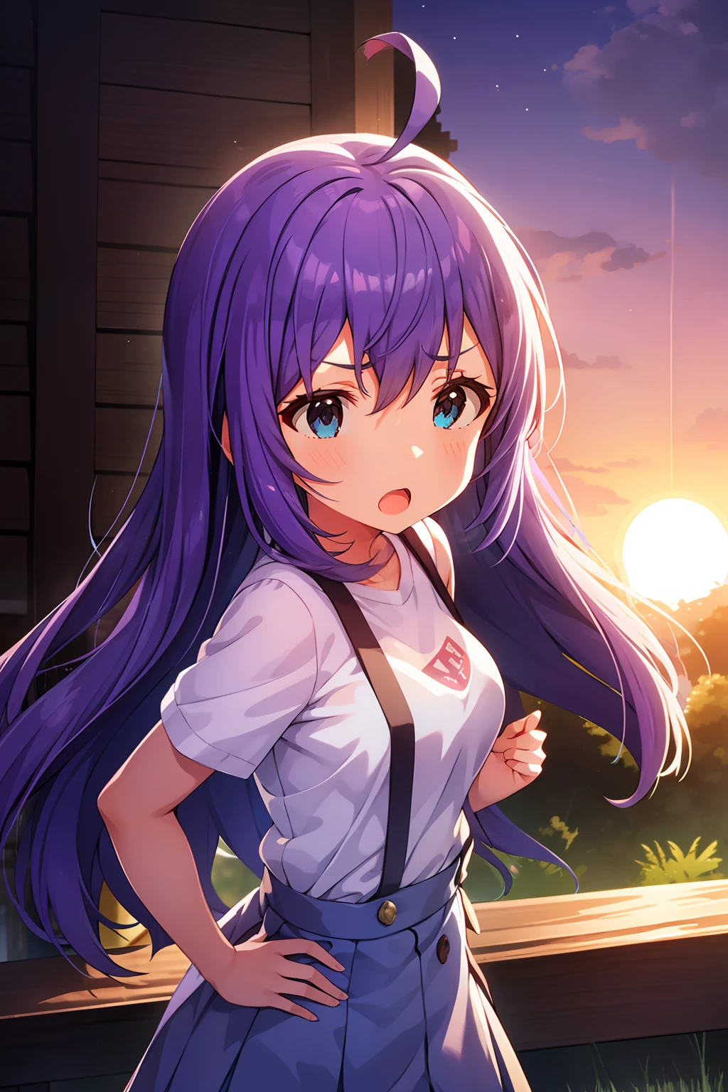 mochizuki anna,1girl in,Solo,Long hair,Purple hair,big breasts.Ahoge,Blue eyes.Short stature.white t-shirts.suspenders.Skirt.Evening glow.the setting sun.Despair face.Sweat.Opening Mouth.up chest.put hands on the hip.
