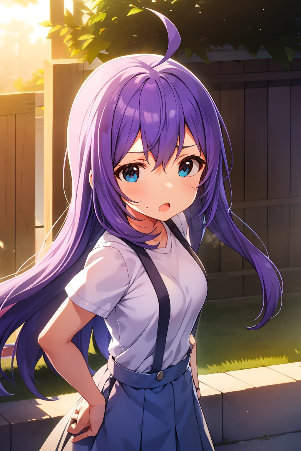mochizuki anna,1girl in,Solo,Long hair,Purple hair,big breasts.Ahoge,Blue eyes.Short stature.white t-shirts.suspenders.Skirt.Evening glow.the setting sun.Despair face.Sweat.Opening Mouth.up chest.put hands on the hip.