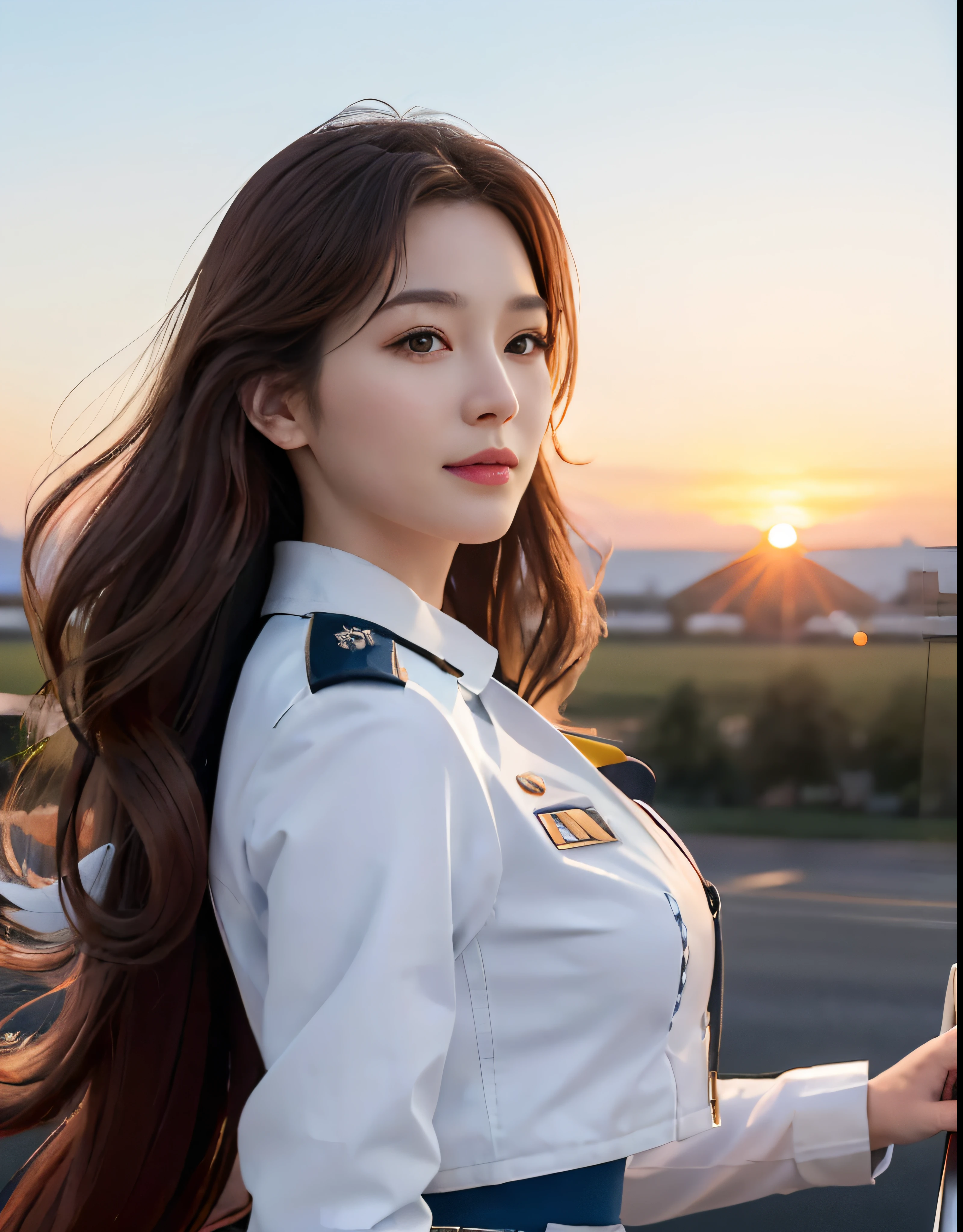 (Best quality, 8k, 32k, Masterpiece, UHD:1.2), (realistic:1.5), (masterpiece, Extremely detailed CG unity 8k wallpaper, best quality, highres:1.2), (ultra detailed, UHD:1.2), Photo of extremely cute and beautiful Japanese woman, (chestnut long wavy hair:1.2), adult, (detailed beautiful girl:1.4), best quality, woman, adult, (detailed US air-force pilot uniform:1.5), (white pilot captain jacket:1.3), (white high-waist pencil skirt:1.3), detailed clothes, (Beautiful sunset US air force base runway view background:1.3), embarrassed laughing:1, light smile, looking at viewer, facing the viewer, ((perfect female body)), (narrow waist:1.2), (upper body image:1.3), slender, abs, (large breasted:1.25), ((frame the head)), wind, dynamic pose, cinematic light, back light, perfect anatomy, perfect proportion, detailed human body, bokeh, depth of field,