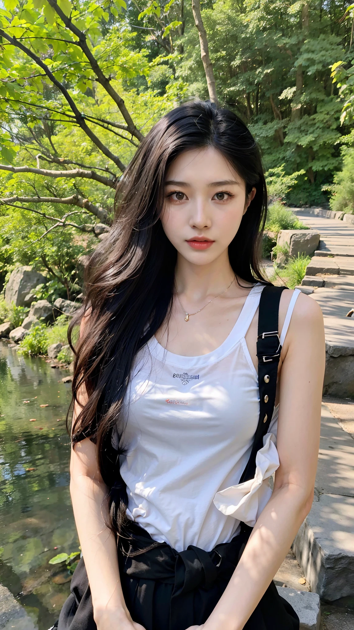 Close-up of a woman with long hair standing by the river, Gorgeous young Korean woman, she is wearing a black tank top, ulzzangs, beautiful Korean women, xintong chen, gorgeous chinese models, Beautiful young Korean woman, Asian girl with long hair, full-body xianxia, korean women's fashion model, white hime cut hairstyle