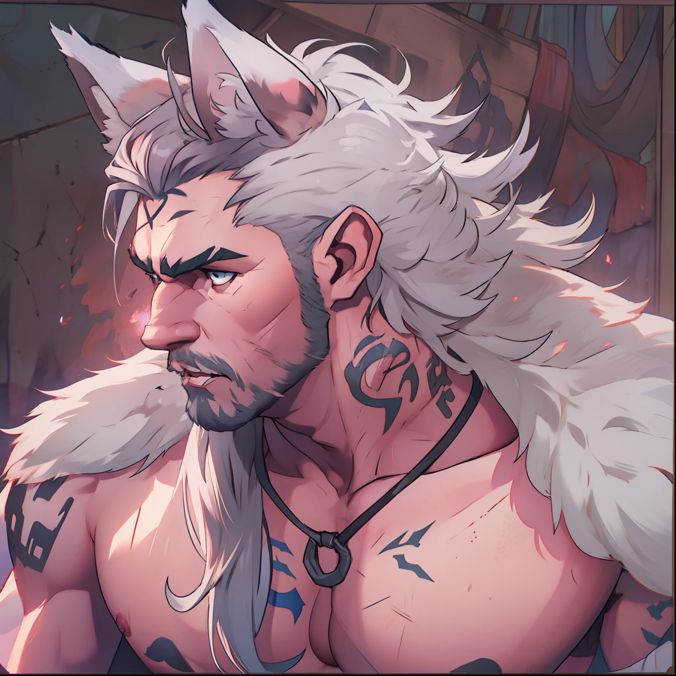 muscular Male with light beard, flowing white hair, has wolf ears, has wolf tail, shirtless, playful, solo, alone, himbo, wearing thick leather collar, covered in tattoos