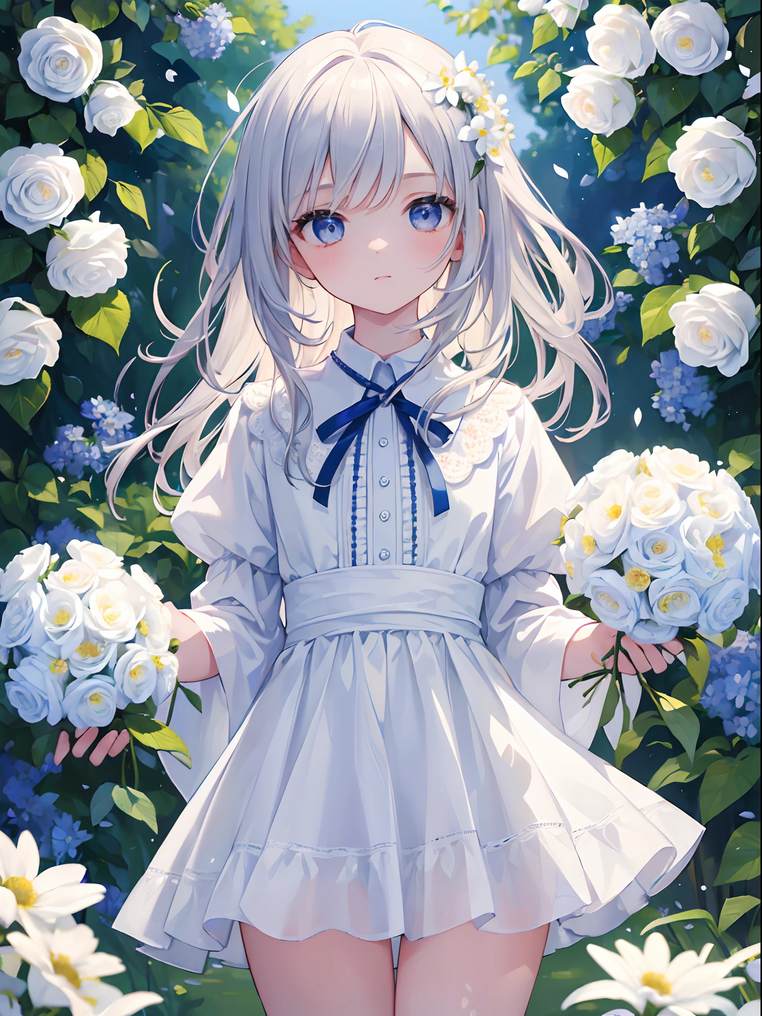 (masterpiece, best quality:1.6), white lace dress, cowboy shot, thighs, beautiful girl, (flowers, many small white petals:1.3), garden, blue sky, looking at viewer, small waist, official art, raw photo, incredibly absurdres, facelight, dynamic lighting, cinematic lighting, ultra realistic, highres, photography, sharp focus, highest detailed, extreme detailed, ultra detailed, finely detail, extremely detailed eyes and face