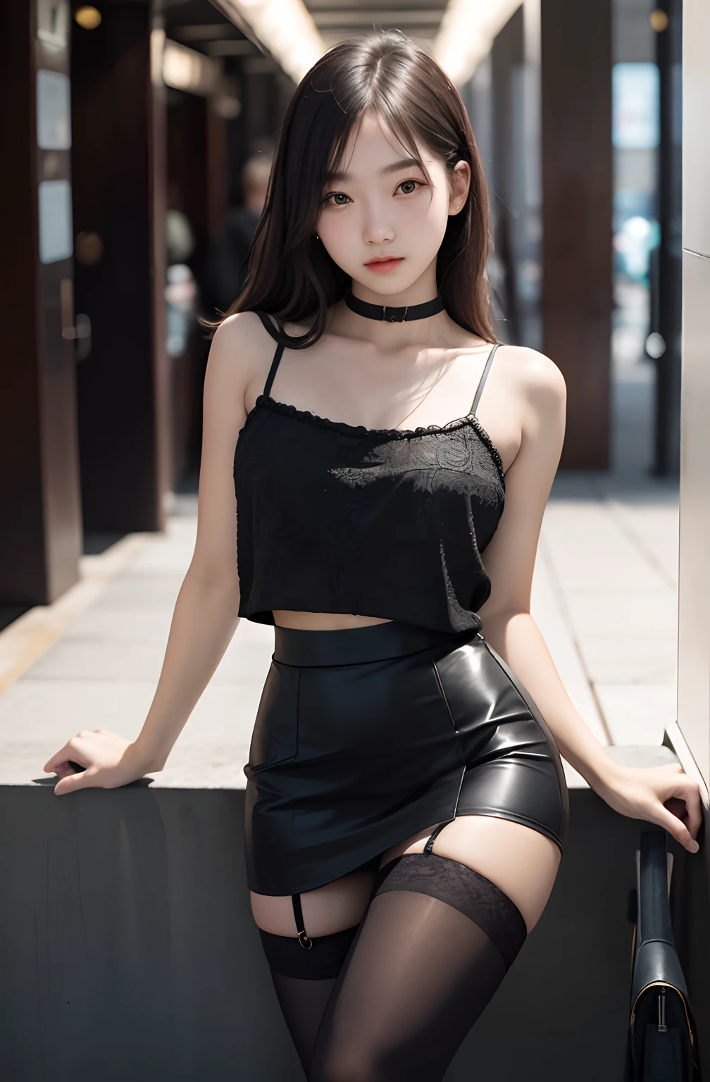 1girl, cute, 16 years old, seductive expression, look at viewer, spaghetti strap top ,high waist pencil skirt, photo, realistic, best quality, hires, detailed face, detailed background, diffused lighting, depth of field, bokeh, thighhighs