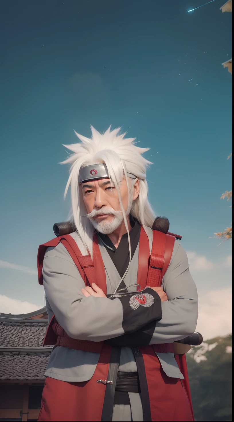 1man,jiraiya,mature man, realistic,has long and bushy silver-white hair, has a fairly noticeable mustache, wears red and gray clothes, and always carries a large sling on his back containing ninja equipment, has a seal mark on his left temple which is the symbol of the Sarutobi clan,ultra detail