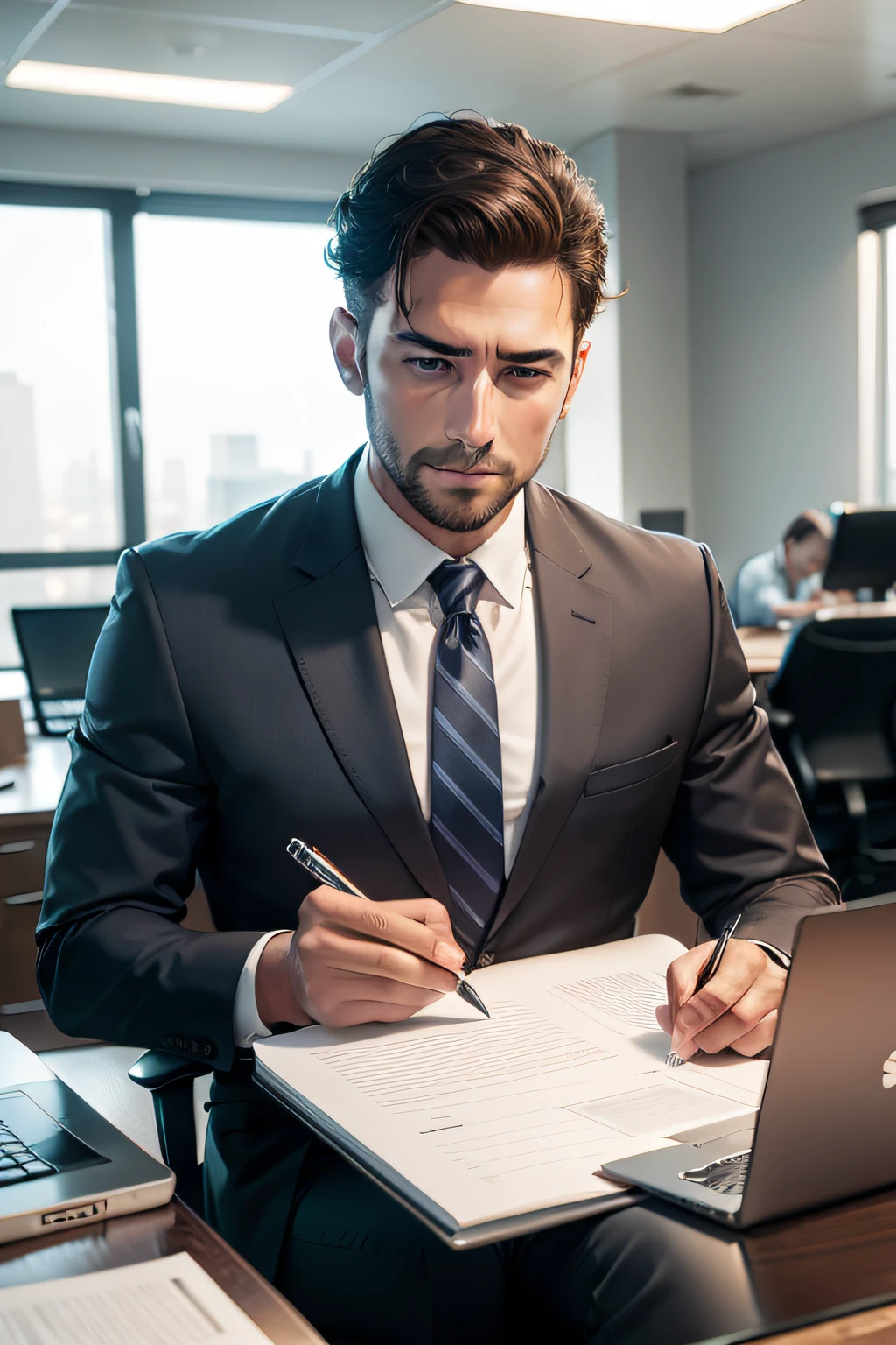 Businessman working on notebook in his modern office and looking at the front of the image