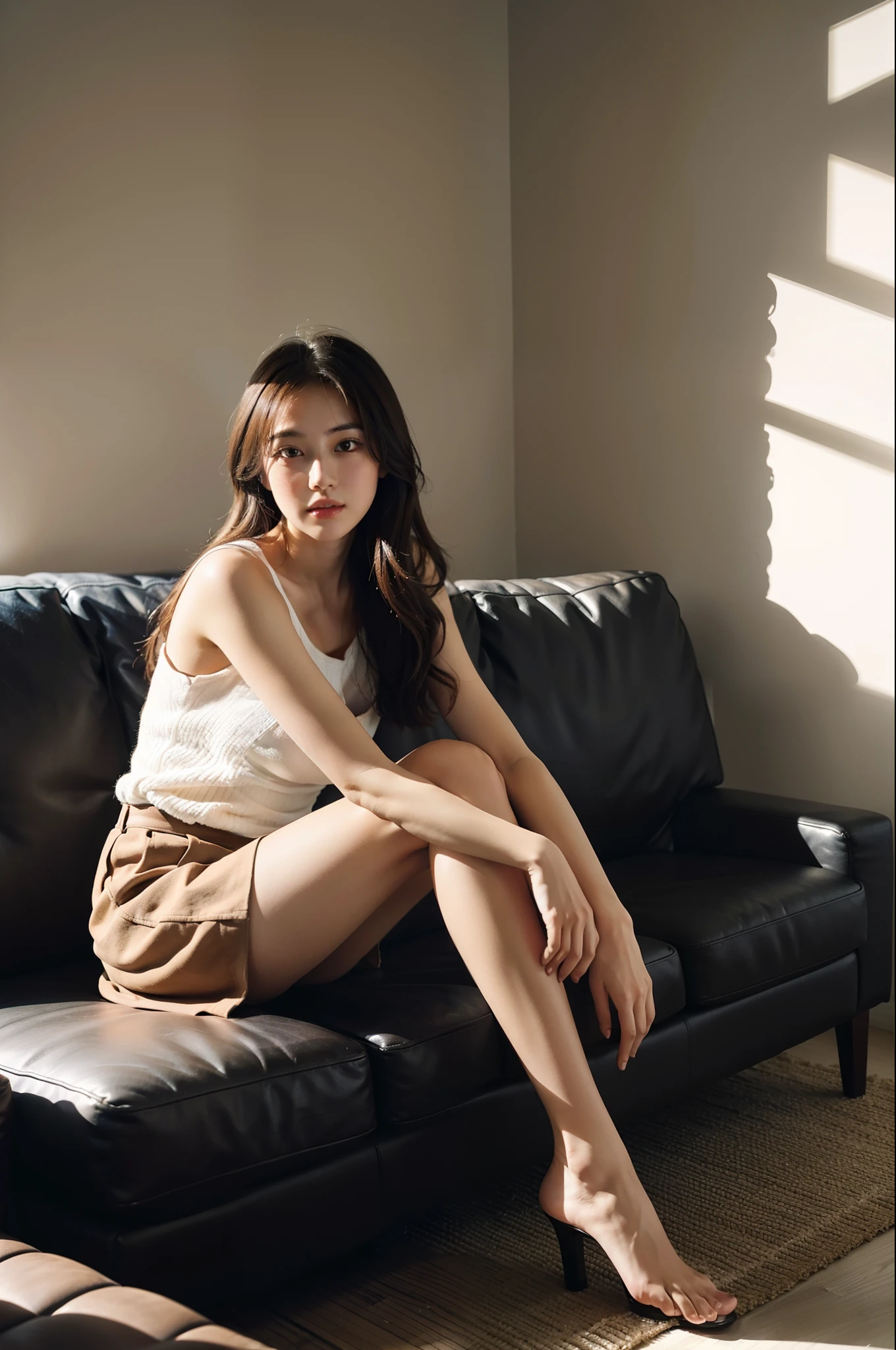 1girll,Sit on a comfortable sofa,Cross ed leg,Soft light