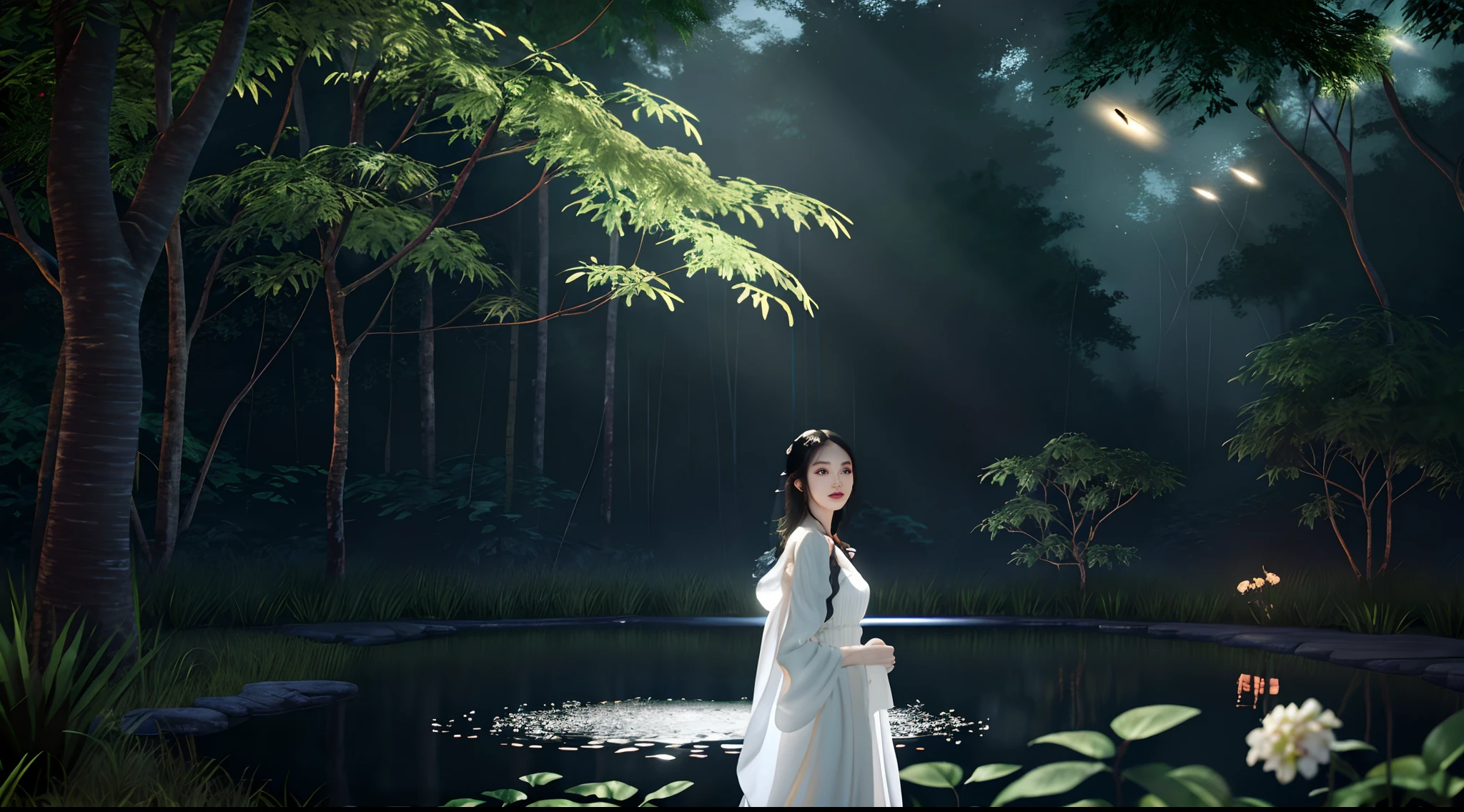 tmasterpiece，Best quality at best，（非常详细的 CG 统一 8k 壁纸），（Best quality at best），（The best illustrations），（The best shadow），glowing sprites，There was a girl in the distance，Delicate facial features，Stand in the middle of the pool，The body exudes great charm，Beauty，Dressed in ancient white gauze，flowy，Long black satin hair fluttering in the wind，Natural elements in the forest theme。Mysterious Forest，Beautiful forest，great outdoors，Surrounded by flowers，Delicate leaves and branches are surrounded by fireflies（nature elements），（Jungle theme），（Foliage），（tree branch），（glowworm），（Particle effect）and other 3D， Octane rendering，Ray traching，Super meticulous