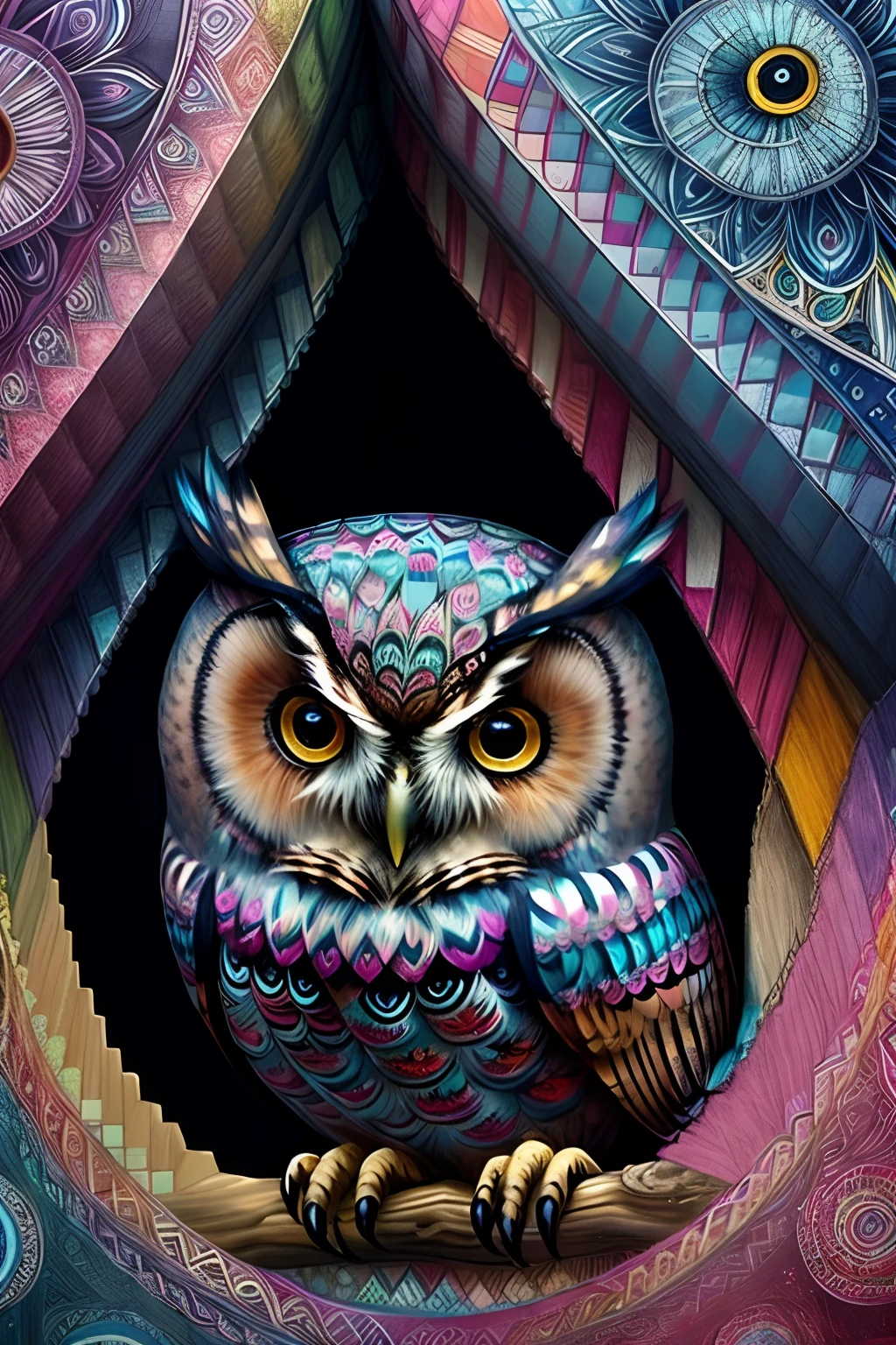 (AN OWL WITH VERY DETAILED EYES IN OBSERVATION ),  Eduardo Kobra acolchoamento ,Multidimensional geometric wall, arte, Chibi,
Yang08k, lindo, Colouring,
Primary works, qualidade superior, melhor qualidade, Arte Oficial, Beautiful and Aesthetic, 64 mil