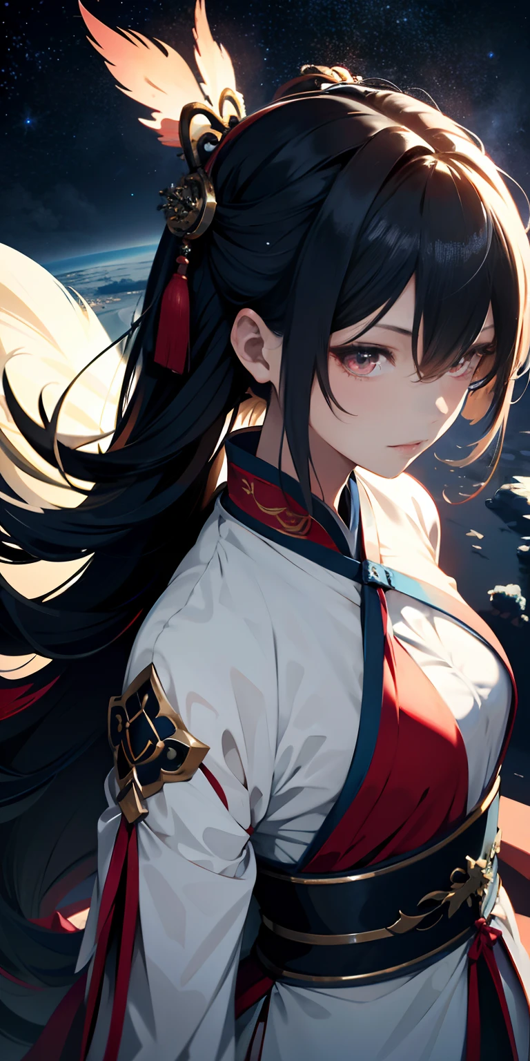 Ridiculous resolution, A high resolution, (Masterpiece:1.4), ultra - detailed, 1boy , whaite hair，Chinese big breasts，Hanfu，longer sleeves，Faraway view，looking from above, the space, afloat，Chinese red --v 6
