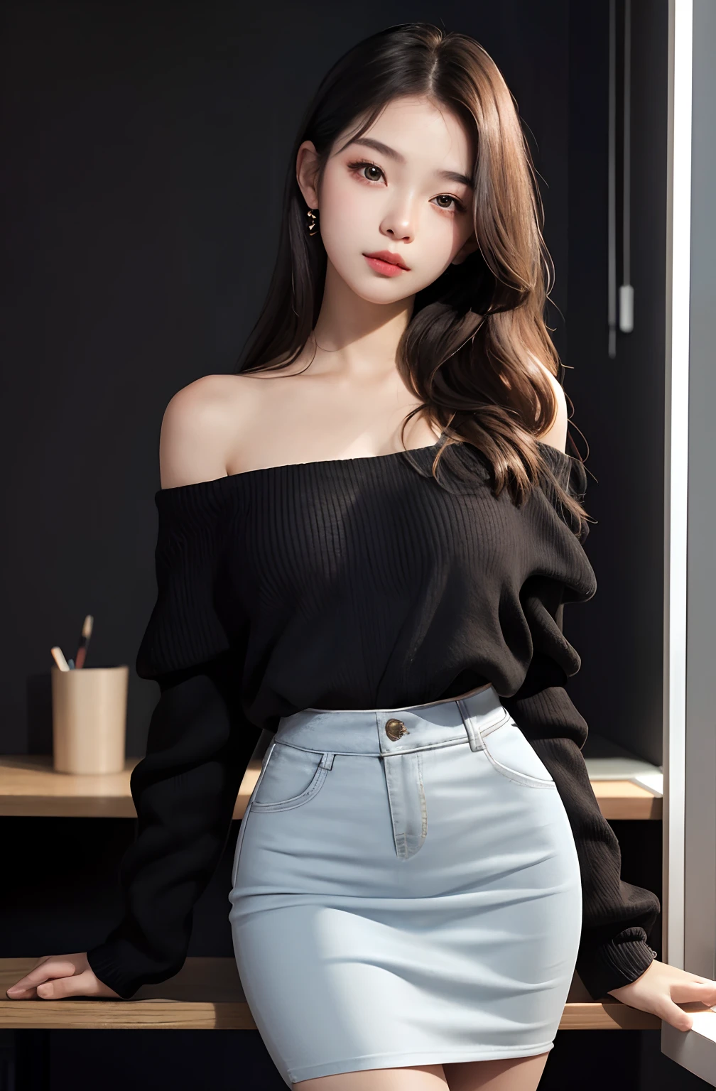 1girl, cute, , seductive expression, look at viewer, off shoulder ,high waist pencil skirt, photo, realistic, best quality, hires, detailed face, detailed background, diffused lighting, depth of field, bokeh,