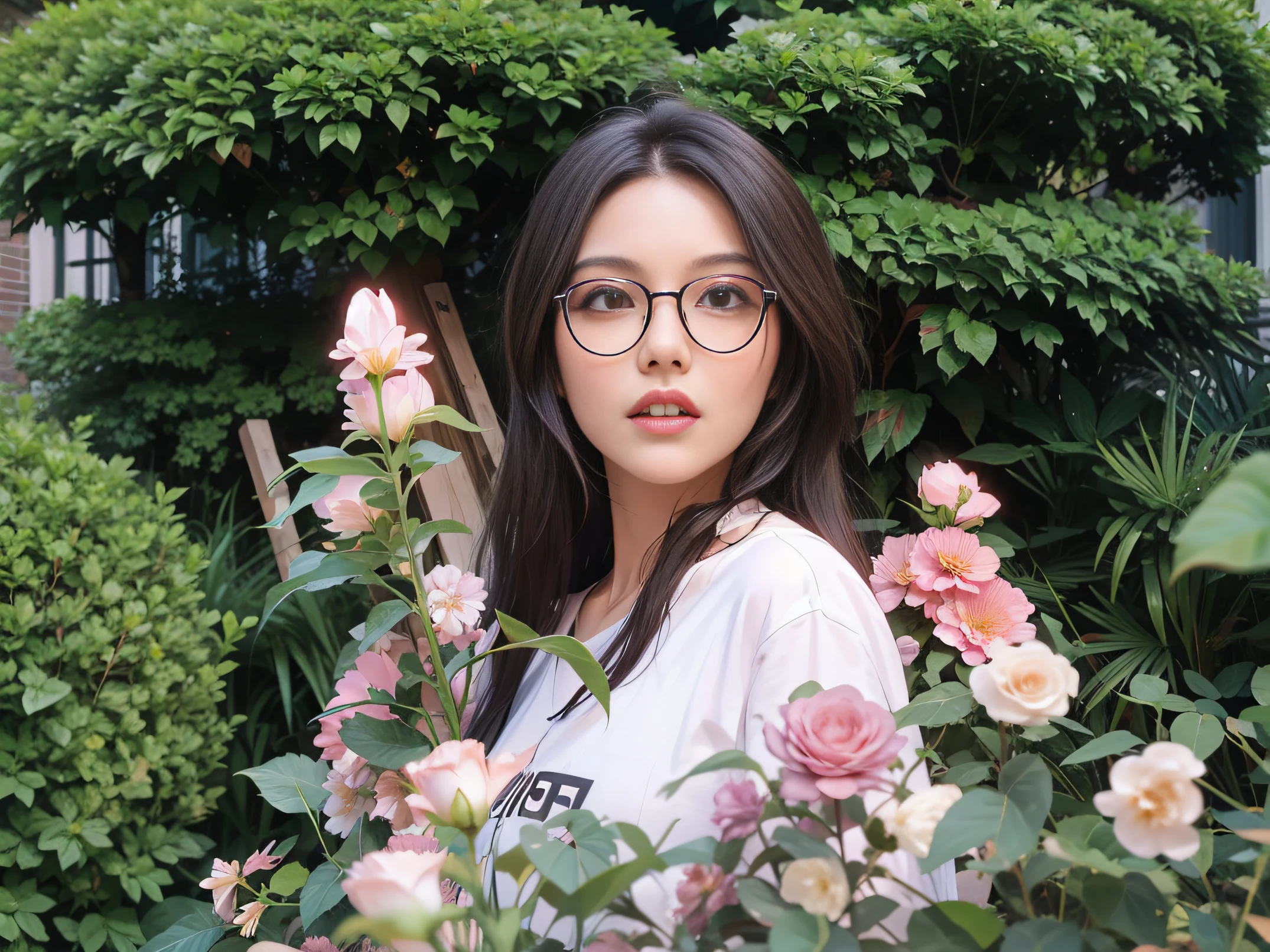 There was a woman wearing black glasses standing in front of some flowers