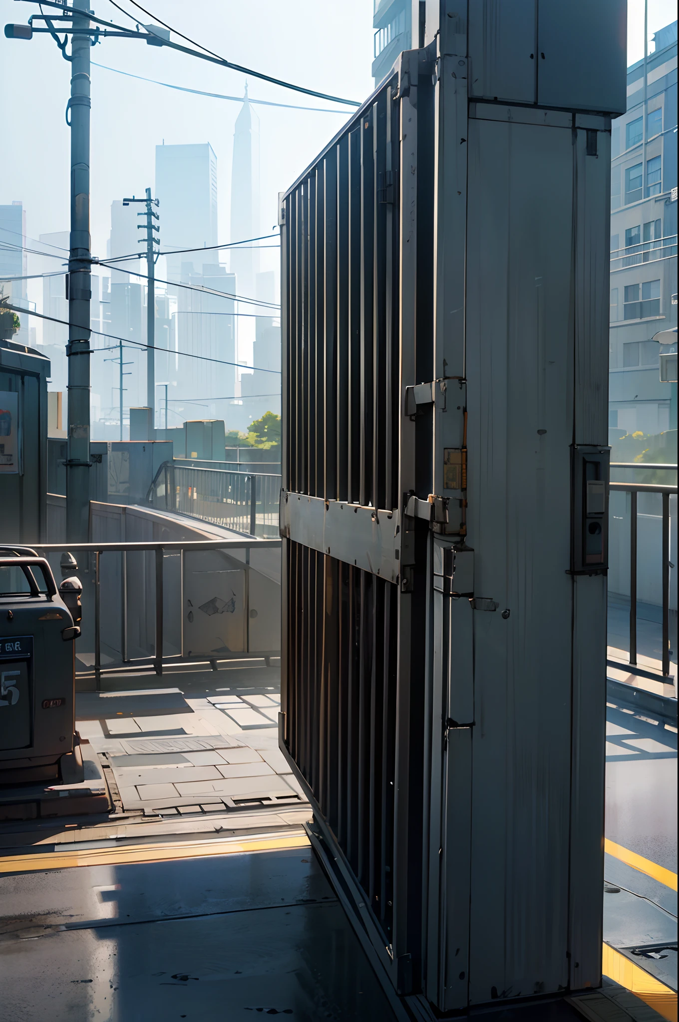 Street, metal steel building, background (muted tones: 1.25), (HDR: 1.25), (Art Station: 1.2), (Complex detail: 1.14), (Ultra-realistic 3D rendering: 1.16), (Film: 0.55)
