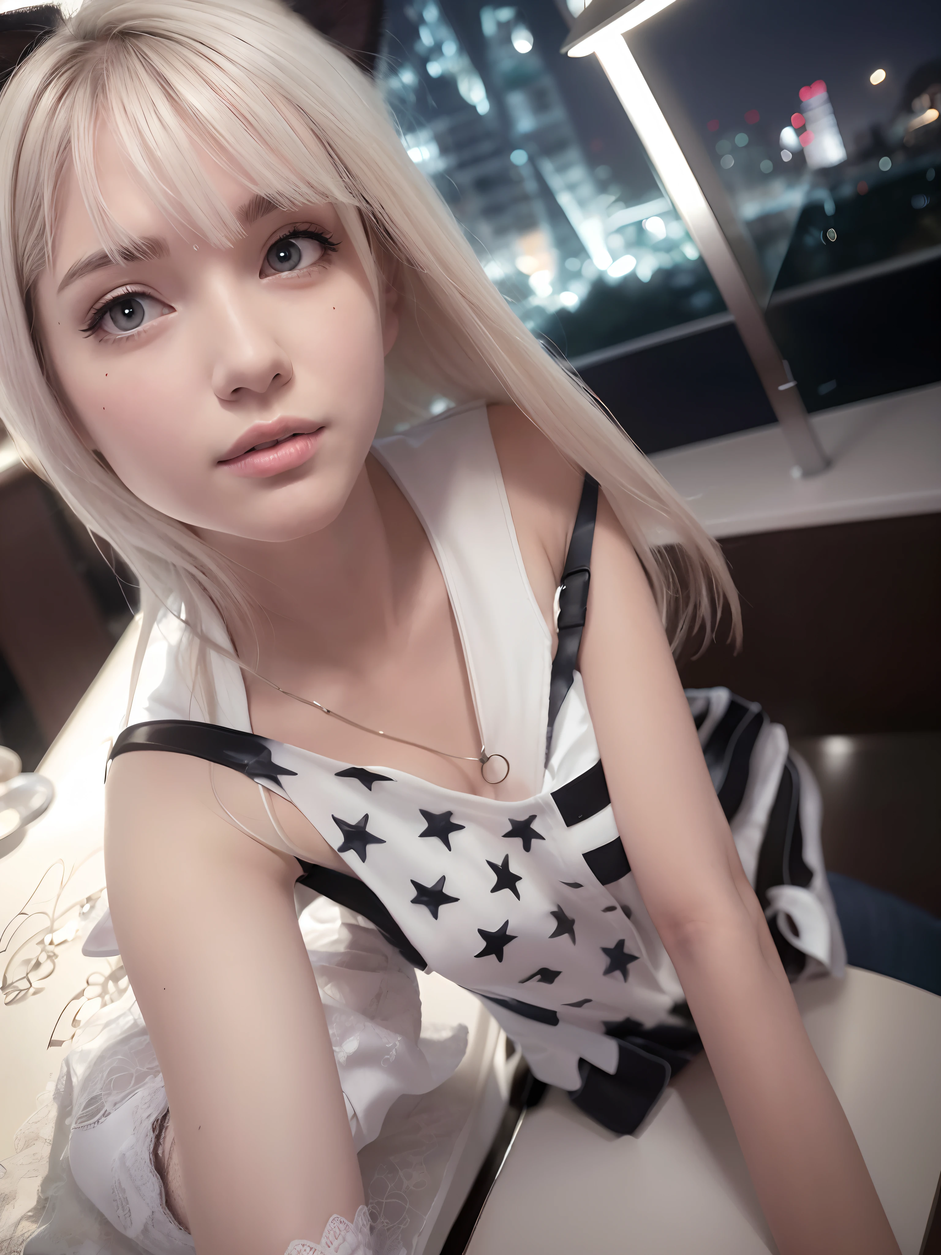 (8K, Best quality, Masterpiece:1.2), (Realistic, photo-realistic:1.37), Ultra-detailed,
1 girl,Cute, Solo,Beautiful detailed sky,Detailed Cafe,Sitting,dated,(nose blush),(Smile:1.15),(Closed mouth) Small breasts,Beautiful detailed eyes,(Collared shirt:1.1), Business attire, White lace, black choke ,
(Short hair:1.2),Floating hair ,NovaFrogStyle,Cat ears,White skin,Cinematic light,Night Street,the street lights