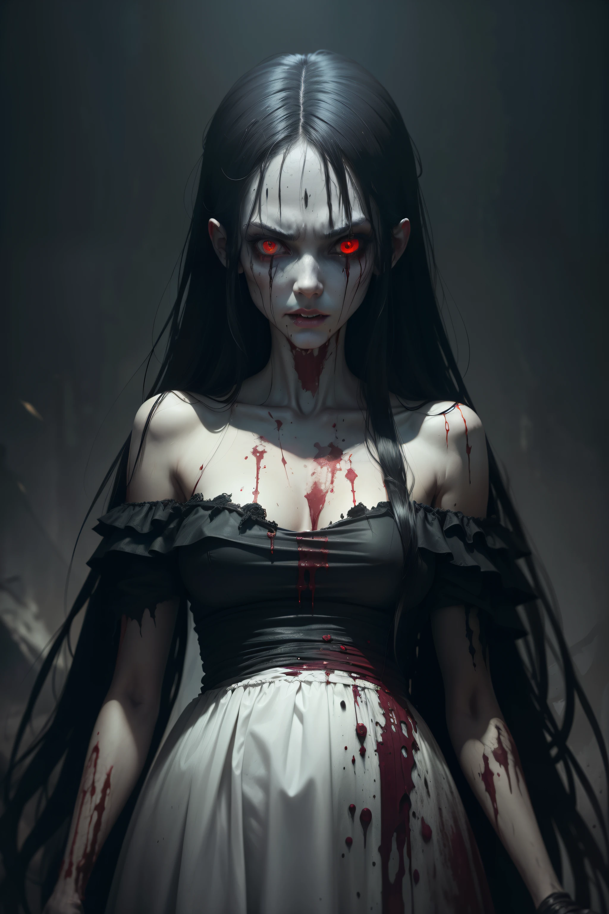 A very pal humanoid character, with red eyes, her name is (The Englewood Witch), she is crazy, nuts, horror, she is creepy, she is scary, shock value, very evil, she is skinny, evoke, fear, terror, dread, decay, disgust, she is a Psycho, dark, unusually thin, thin, scraggly, emaciated, twisted, frightening, sick, dark background, long white_dress, gore, bloody_hands, solo, (messy_long_dark_hair), fog, evil eyes, eyes glowing, fire in the background, (she is wearing a very dirty old torn_white_dress), covered in slugs