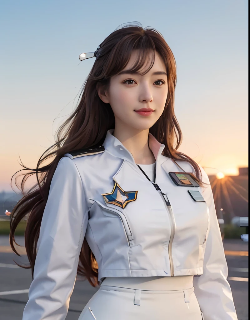 (Best quality, 8k, 32k, Masterpiece, UHD:1.2), (realistic:1.5), (masterpiece, Extremely detailed CG unity 8k wallpaper, best quality, highres:1.2), (ultra detailed, UHD:1.2), Photo of extremely cute and beautiful Japanese woman, (chestnut long wavy hair:1.2), adult, (detailed beautiful girl:1.4), best quality, woman, adult, (detailed US air-force pilot uniform:1.5), (white pilot captain jacket:1.3), (white high-waist pencil skirt:1.3), detailed clothes, (Beautiful sunset US air force base runway view background:1.3), embarrassed laughing:1, light smile, looking at viewer, facing the viewer, ((perfect female body)), (narrow waist:1.2), (upper body image:1.3), slender, abs, (large breasted:1.25), ((frame the head)), wind, dynamic pose, cinematic light, back light, perfect anatomy, perfect proportion, detailed human body, bokeh, depth of field,