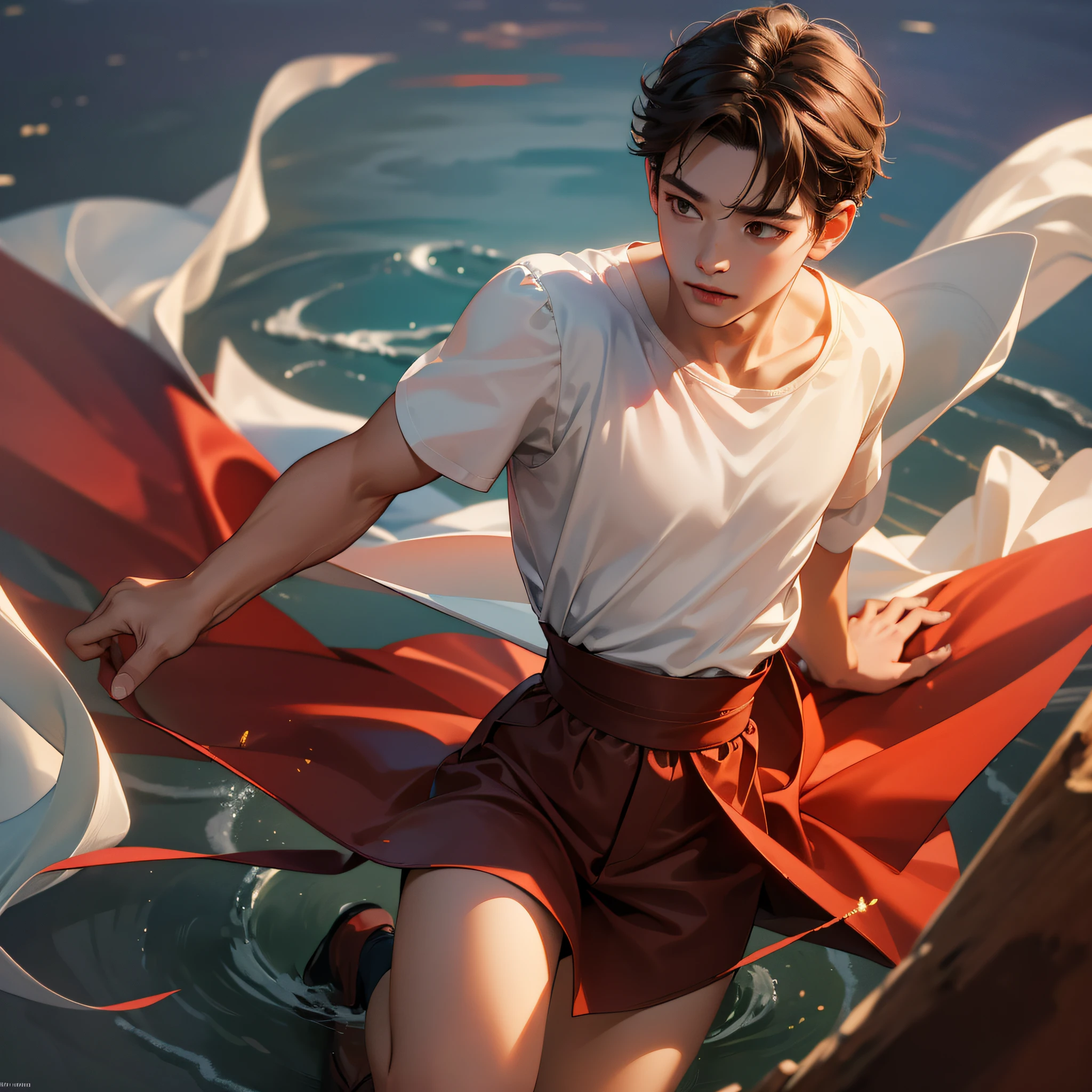 (in 8K、top-quality、masterpiece:1.2)、1 boy、short-haired、Hair short、Brown-skinned、red view、