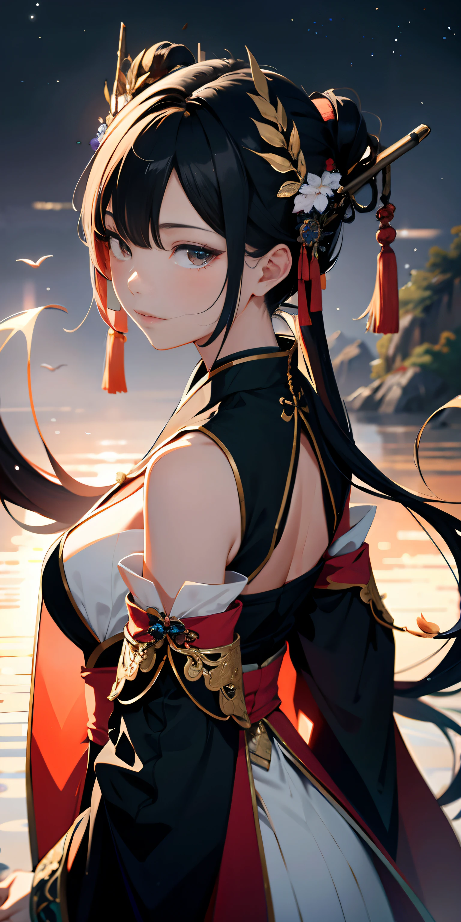 Ridiculous resolution, A high resolution, (Masterpiece:1.4), ultra - detailed, 1boy , whaite hair,Chinese big breasts,Hanfu,longer sleeves,Faraway view,looking from above, the space, afloat,Chinese red --v 6