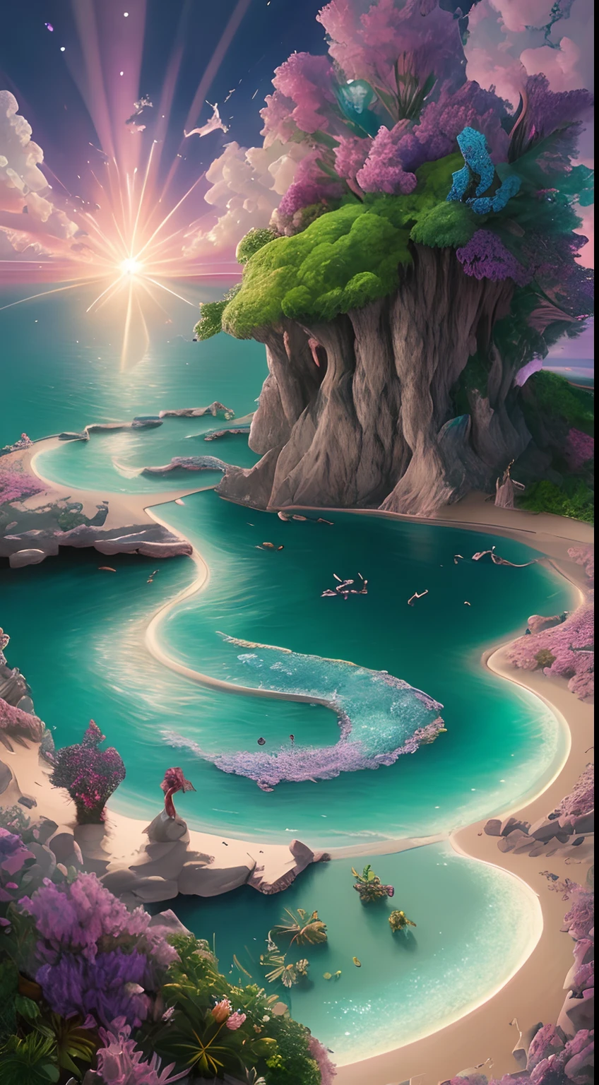 Illustration of a surreal, otherworldly, hyper sky scene including a giant crystal tree full body, highly detailed and magical lighting, intricate forest details, vegetation and surrounding river, solar punk, landscape, giant tree , beautiful green leaves, beautiful lighting and realistic proportions, as if this is a movie background, 8k, highest quality, masterpiece, clouds and stars in the sky.