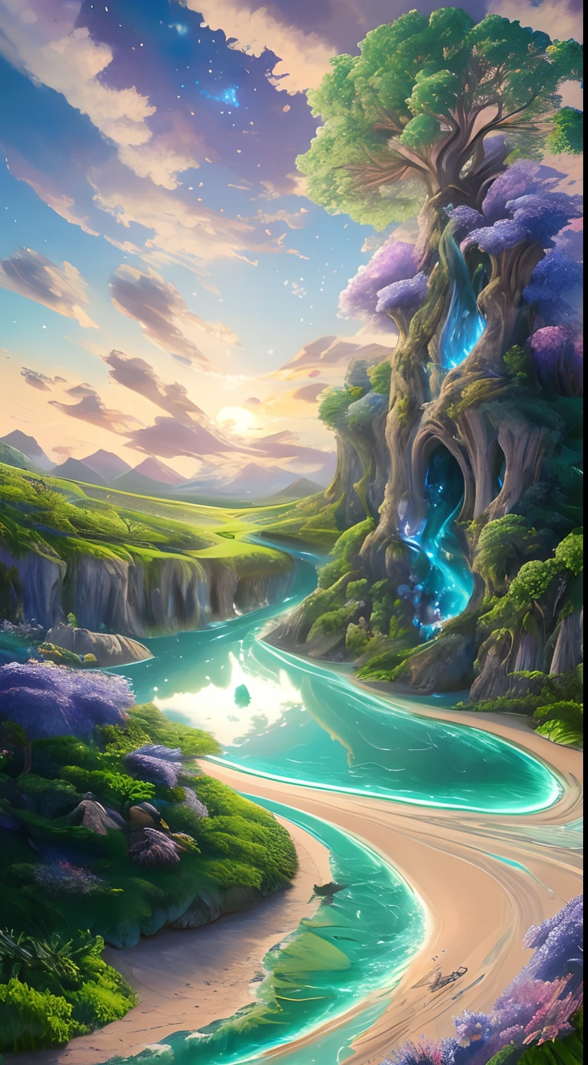 Illustration of a surreal, otherworldly, hyper sky scene including a giant crystal tree full body, highly detailed and magical lighting, intricate forest details, vegetation and surrounding river, solar punk, landscape, giant tree , beautiful green leaves, beautiful lighting and realistic proportions, as if this is a movie background, 8k, highest quality, masterpiece, clouds and stars in the sky.