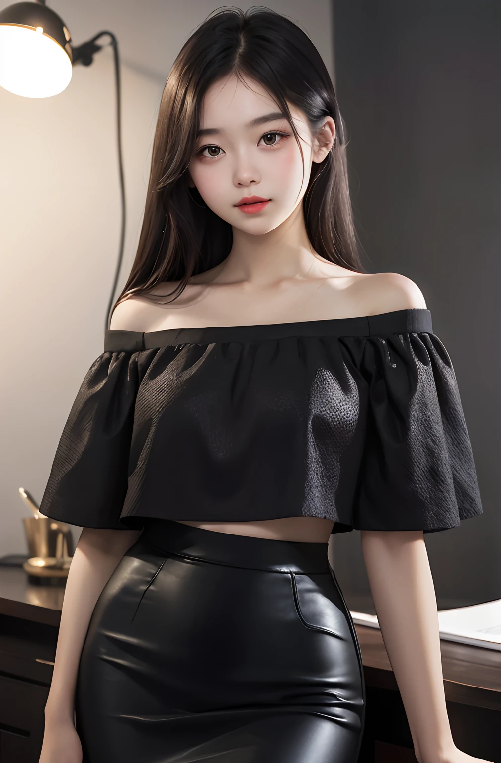 1girl, cute, , seductive expression, look at viewer, off shoulder ,high waist pencil skirt, photo, realistic, best quality, hires, detailed face, detailed background, diffused lighting, depth of field, bokeh,