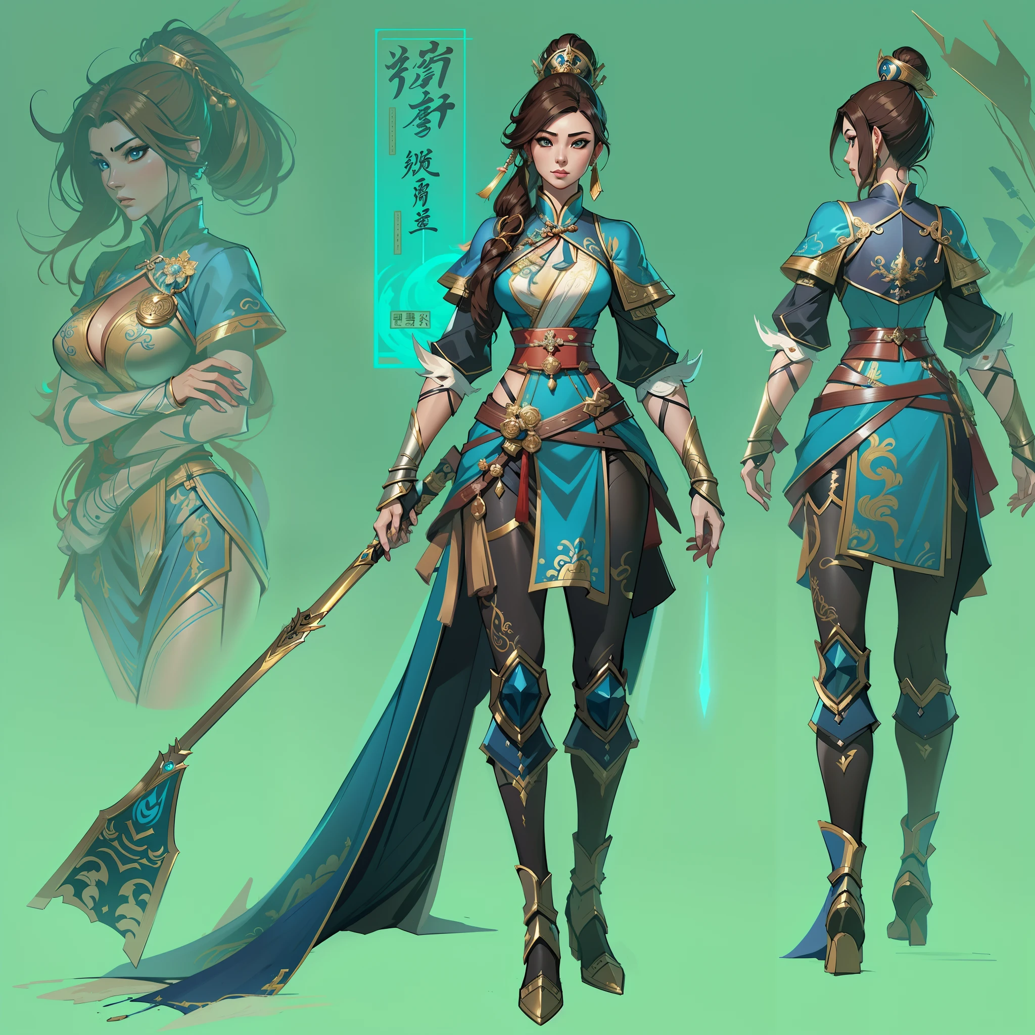 a close up of a strong amazon woman in her 30's, with hazel eyes and brown hair, wearing a blue and black victorian ballgown dress, a heroine with hazel eyes, female holding tonfa, mage with water magic, middle-eastern princess, standing in a chinese temple, new costume concept design, in the style of blade and soul, full body character concept, detailed character design, inspired by Yang Jin, inspired by Li Mei-Shu, chinese costume, inspired by Lan Ying, inspired by Sim Sa-Jeong, inspired by Li Tang, lunar themed attire, costume with blue accents, inspired by Ju Lian, colored concept art, highly detailed character design, highly detailed face, inspired by Ai Xuan, very highly detailed face, unreal engine render, final fantasy 14 style, inspired by Leng Mei