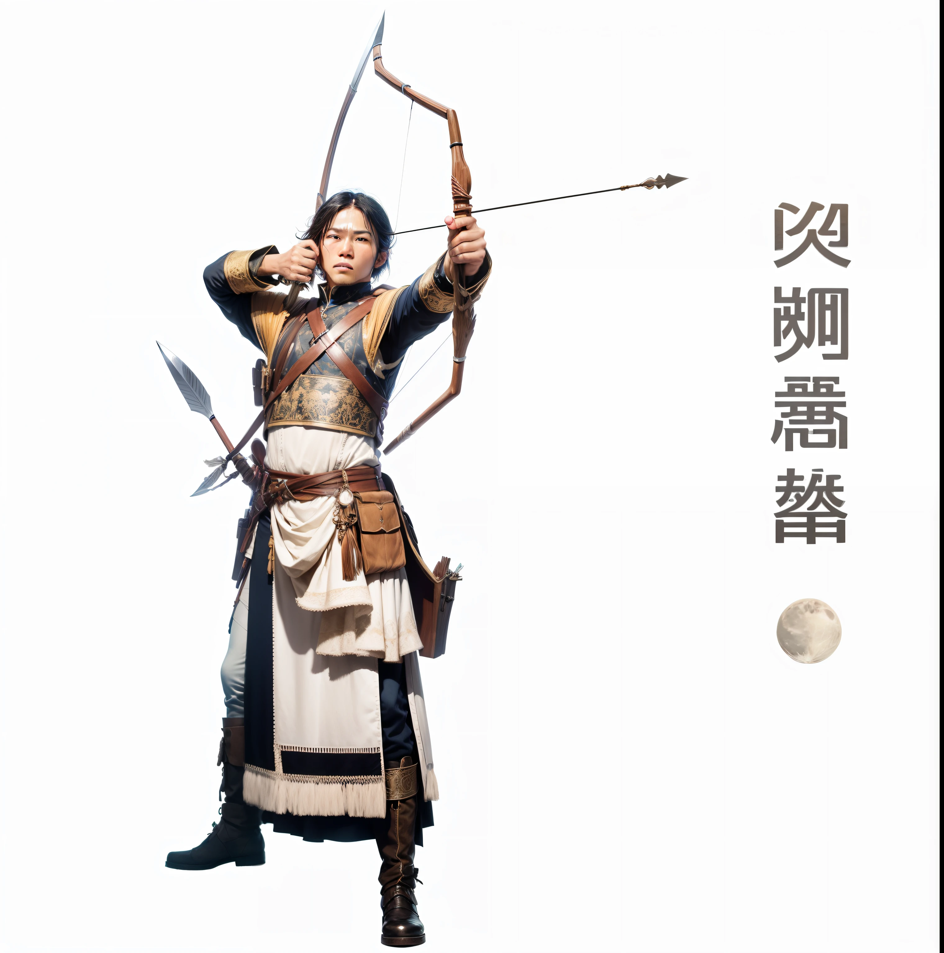 Under the sun, moon and stars,The brave and fearless Daming soldier held a bow in his left hand and an arrow in his right hand,Left with knife,Right with arch sac,Open a bow and shoot arrows