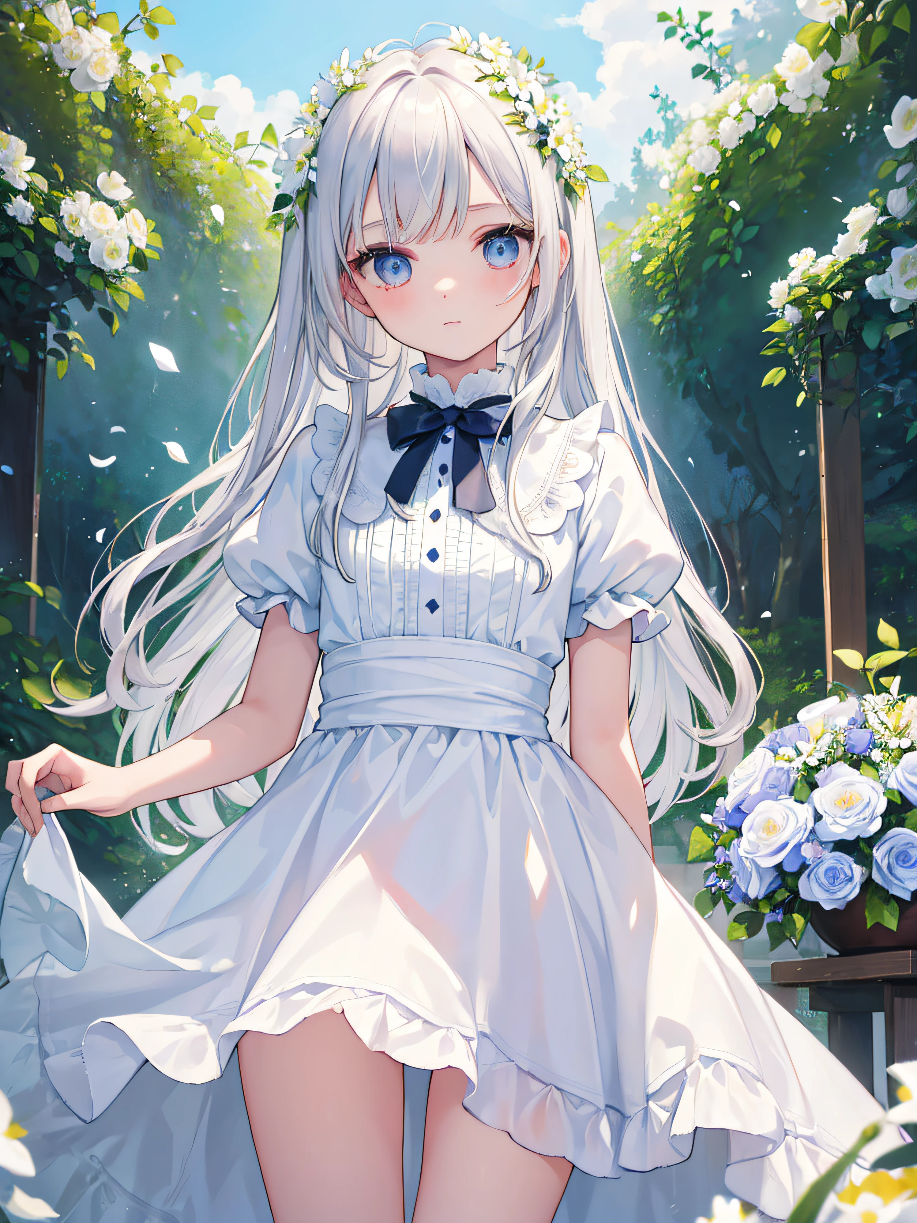 (masterpiece, best quality:1.6), white lace dress, cowboy shot, thighs, beautiful girl, (flowers, many small white petals:1.3), garden, blue sky, looking at viewer, small waist, official art, raw photo, incredibly absurdres, facelight, dynamic lighting, cinematic lighting, ultra realistic, highres, photography, sharp focus, highest detailed, extreme detailed, ultra detailed, finely detail, extremely detailed eyes and face