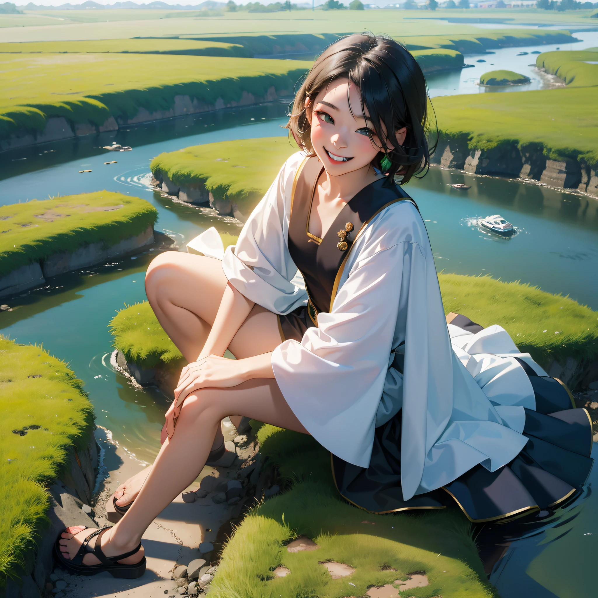 (in 8K、top-quality、masterpiece:1.2)、1人の女性、(Smiling smile:1.1)、beautidful eyes、Valley、The upper part of the body、shorth hair、Like a boy 、Quirk hair、short-cut、Green View、