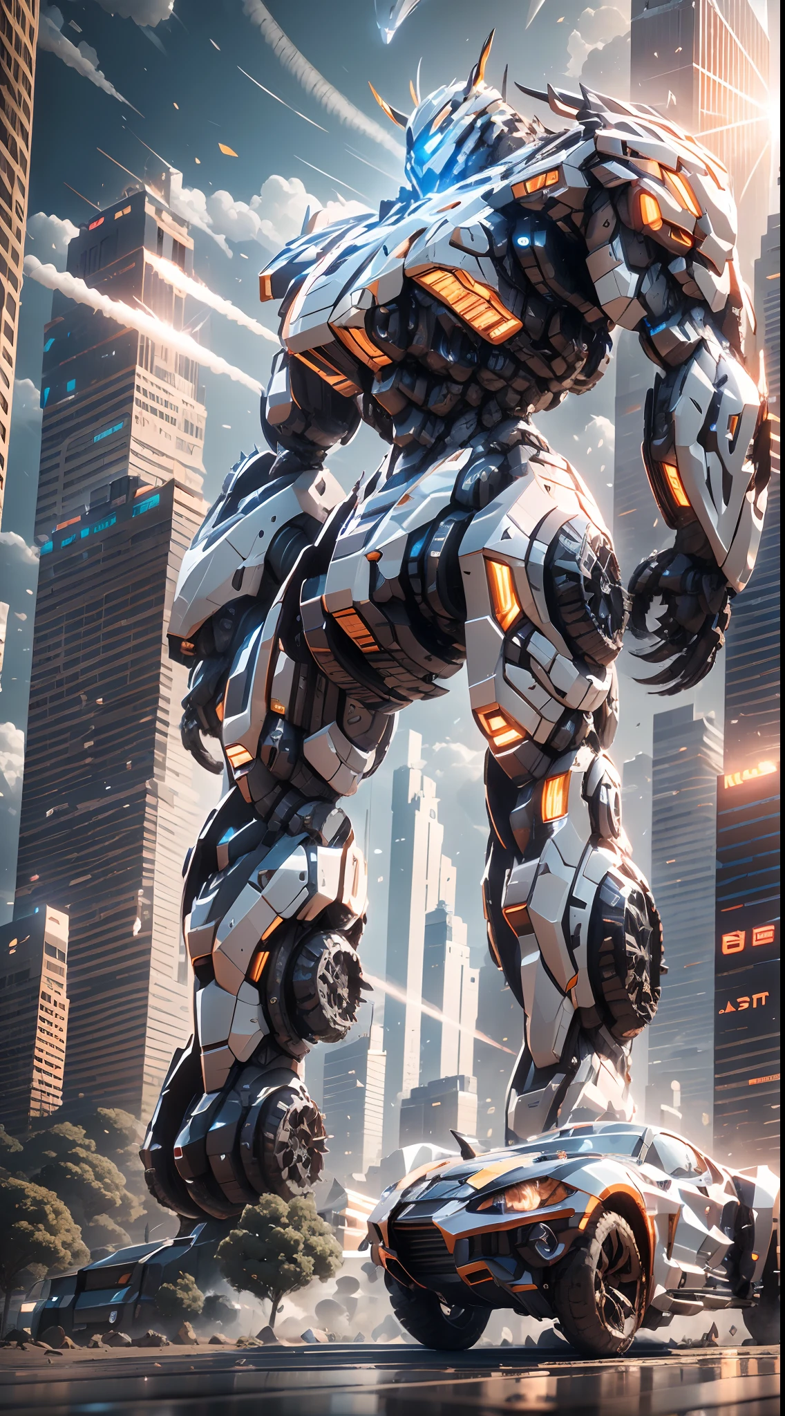 Mecha monsters,(((Humanoid mech))),Back with a large amount of energy short barrels,Face the camera,Buildings、Energy cannon fire、Tall and mighty、strong armor、future-tech、Sharp lines、Dynamic styling、Mechanical joints、Armor plates、sensor、Energy weapons、Blazing energy、Light shining、Explosive effect、Smoke and dust filled the air、Tense atmosphere,(rendering by octane:1.4),best qualtiy,(Highly realistic),(Ultra-detailed details:1.5),c4d渲染,movie-level quality,Machinary