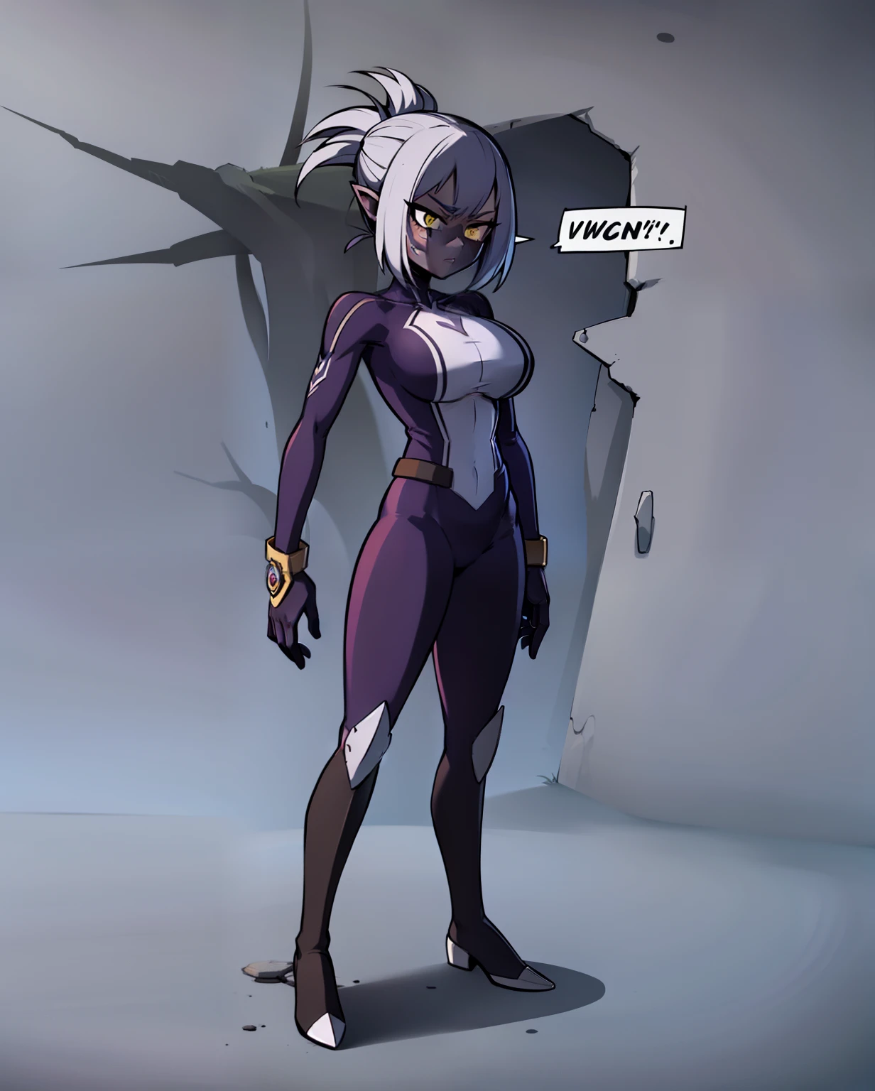 My Hero Academia style, anime Girl, female, Amity Blight, The Owl House, trending on artstation pixiv, (full body shot:0.5), Masterpiece, Perfect Anatomy, Super Detailed, Pale skin, golden yellow eyes, pointy ears, Hair tied into a high ponytail pulled up in front, undercut on the sides, two-tone hair, Aquamarine hair with brown roots, Wide thighs, wide hips, Large breast, full body suit, hero suit, Spotted purple suit, multi-toned suit, purple suit, multi shade purple suit, light purple spot suit, dark purple spot suit, one piece suit, purple symbiote,