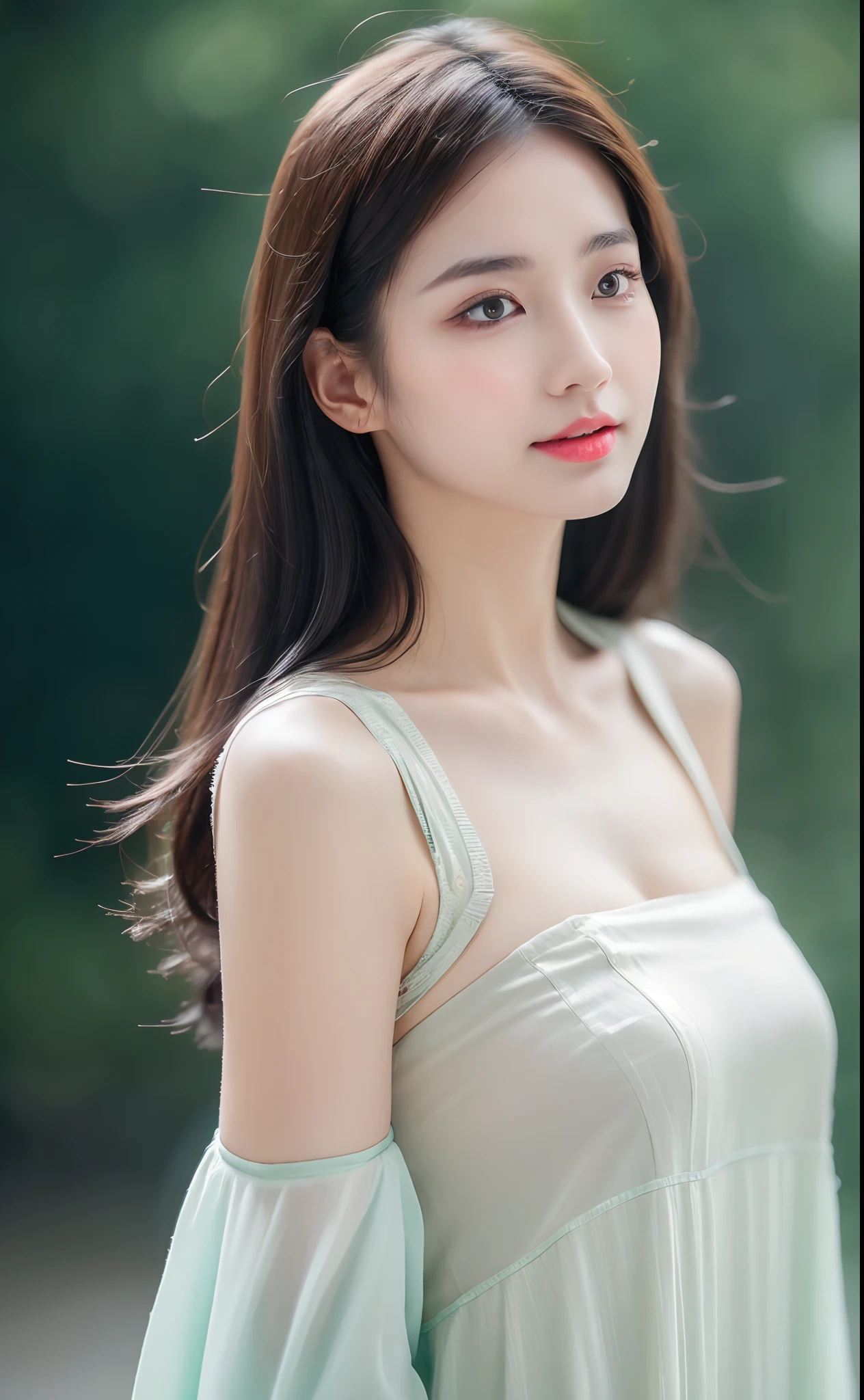 ((Best Quality, 8k, Masterpiece: 1.3)), Focus: 1.2, Perfect Body Beauty: 1.4, Buttocks: 1.2, ((Layered Haircut)), (Wet Clothes: 1.1), (Rain, Street:1.3), (Breasts: 1.2), (Hanfu: 1.2), Bare Shoulders, Bare Legs, Highly Detailed Face and Skin Texture, Fine Eyes, Double Eyelids, Whitened Skin, Long Hair, (Shut Up: 1.5), (Bokeh Background: 1.5), Big Breasts