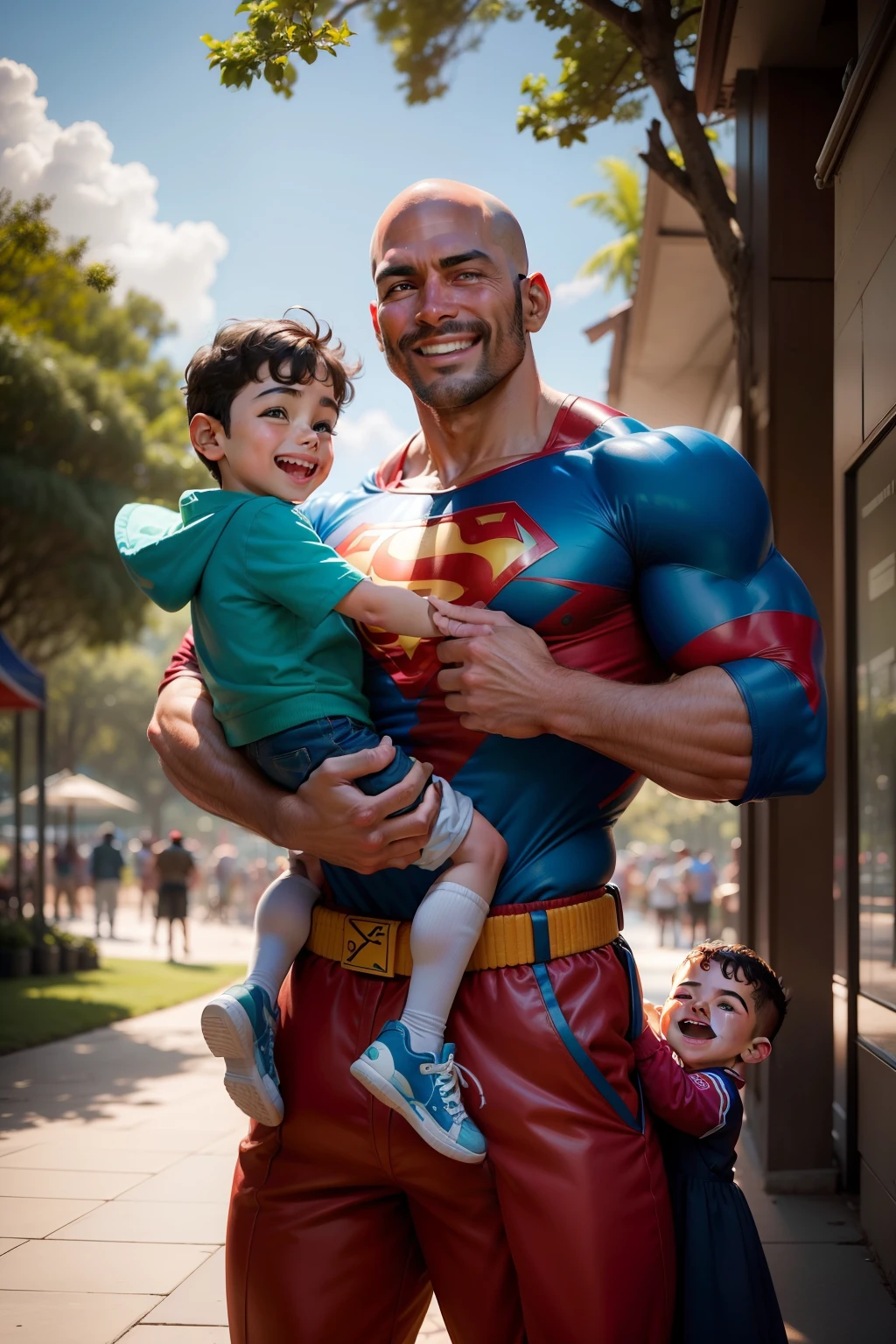 Um pai jovem de 30 anos, careca, vestindo uma roupa de supermen estilo disney, is smiling and playing excitedly with his 4--old in a sunny park. Eles correm pela grama verde, The father holding his son's hand, ambos rindo. The vibrant colors of the superhero's outfit contrast with the surrounding natural scenery. O pai faz gestos heroicos e o filho imita com entusiasmo. The tall, leafy trees, Swings and other park rides create a cheerful and welcoming atmosphere.