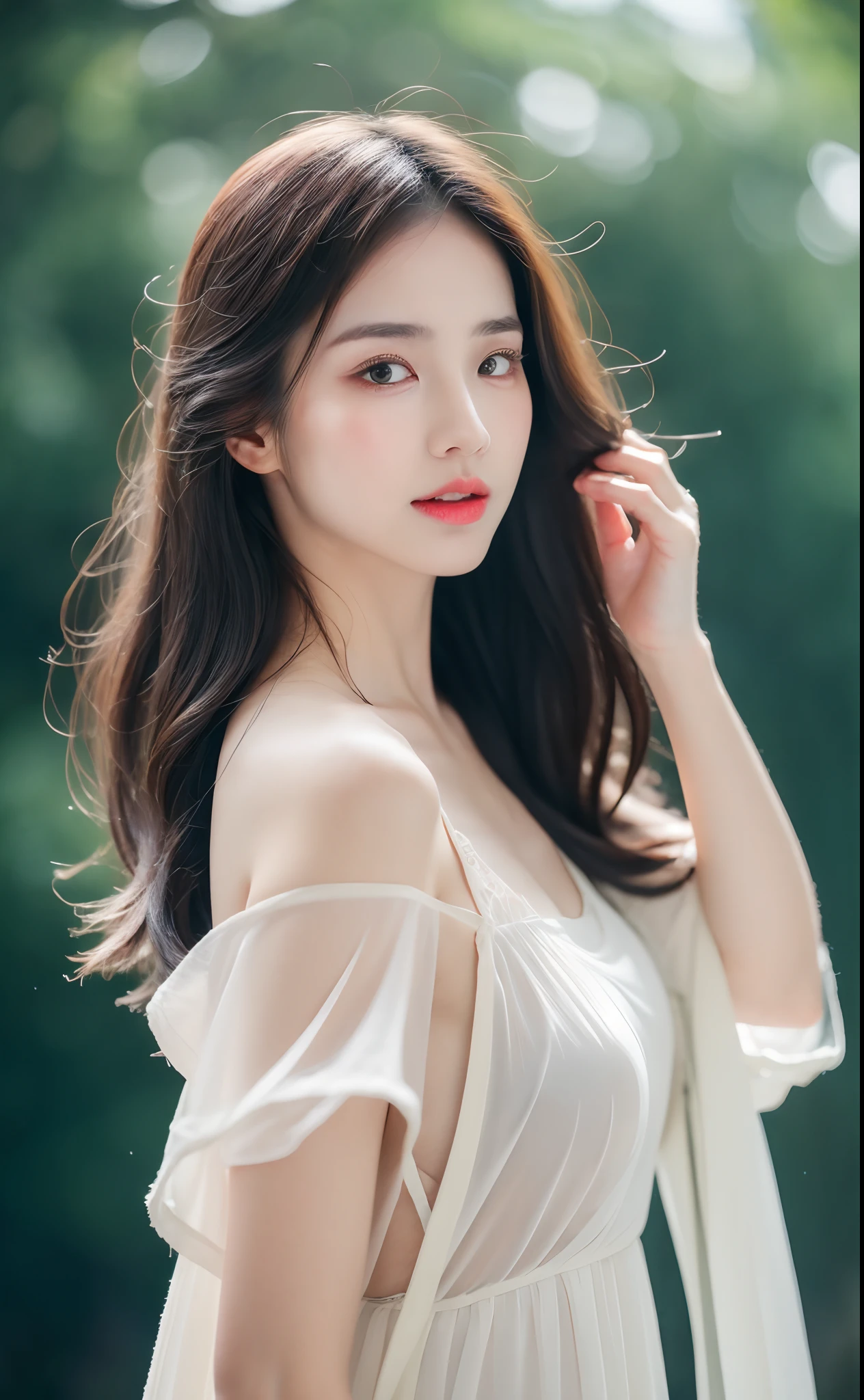 ((Best Quality, 8k, Masterpiece: 1.3)), Focus: 1.2, Perfect Body Beauty: 1.4, Buttocks: 1.2, ((Layered Haircut)), (Wet Clothes: 1.1), (Rain, Street:1.3), (Breasts: 1.2), (Hanfu: 1.2), Bare Shoulders, Bare Legs, Highly Detailed Face and Skin Texture, Fine Eyes, Double Eyelids, Whitened Skin, Long Hair, (Shut Up: 1.5), (Bokeh Background: 1.5), Big Breasts