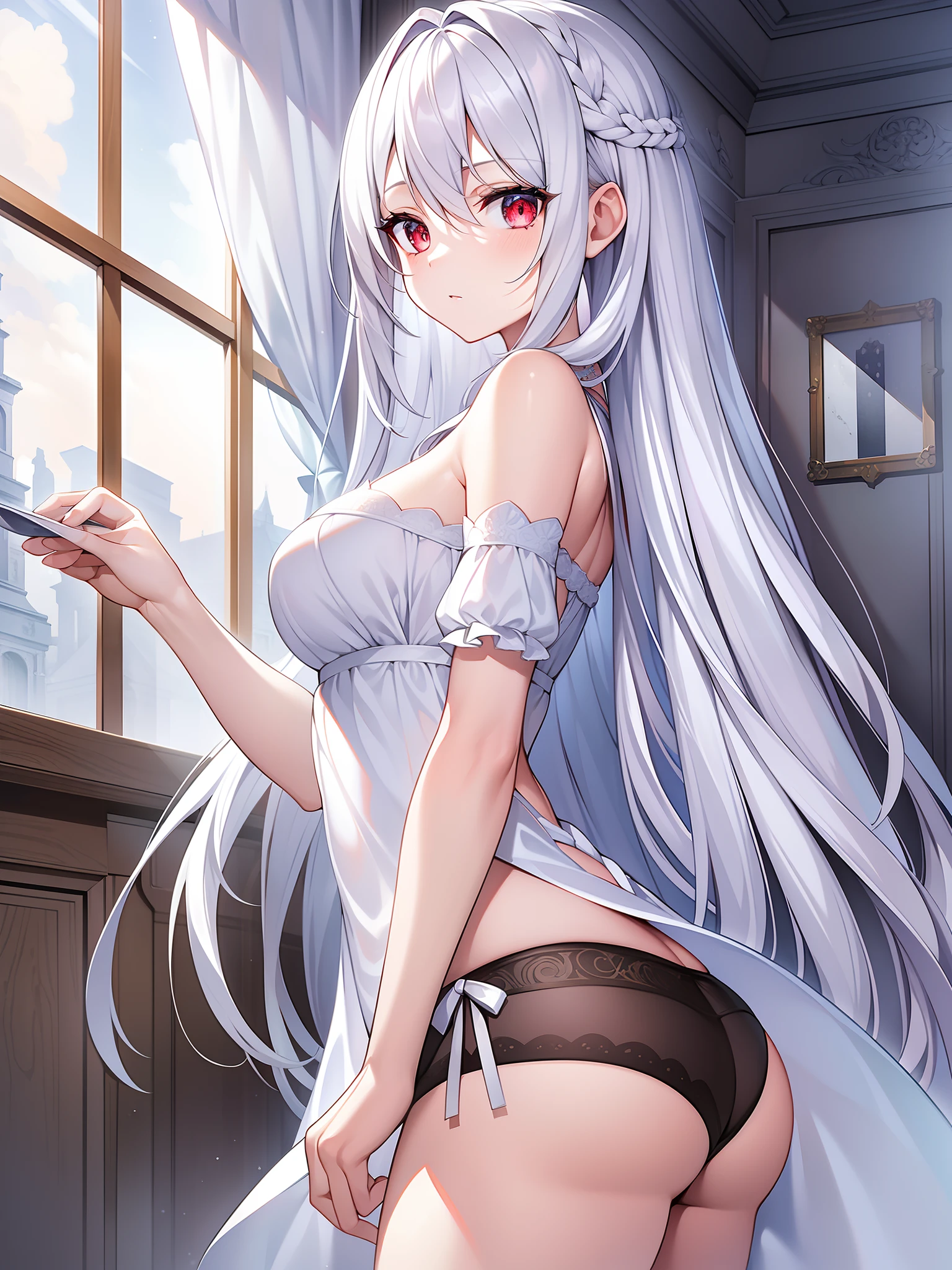 ((Masterpiece, Best quality))++, Detailed light+, Detail hair+, detail hand+ ,1girll, woman, Long hair, dark red eye, Beautiful eyes, Young gray hair,,(Beautiful white hair:1.5),(Beautiful detailed eyes), , high resolution+, Masterpiece, , Glass tones, Reflective eyes, {{Angle}} , extremelydetailedwallpaper, Original,full bodyesbian,Bedrooms,upper legs, Beth,starrysky,Issuing,,swim wears