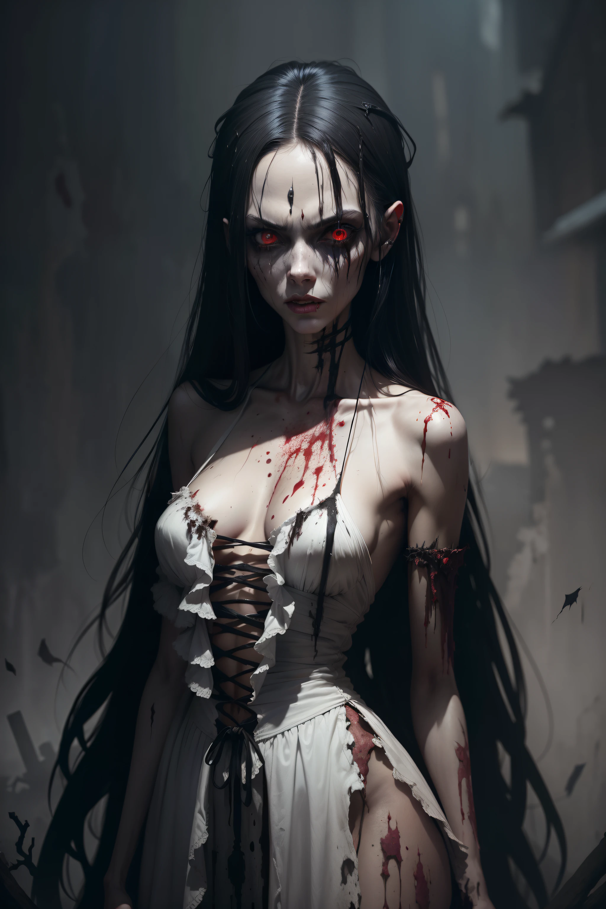 A very pal humanoid character, with red eyes, her name is (The Englewood Witch), she is crazy, nuts, horror, she is creepy, she is scary, shock value, very evil, she is skinny, evoke, fear, terror, dread, decay, disgust, she is a Psycho, dark, unusually thin, thin, scraggly, emaciated, twisted, frightening, sick, dark background, long white_dress, gore, bloody_hands, solo, (messy_long_dark_hair), fog, evil eyes, eyes glowing, fire in the background, (she is wearing a very dirty old torn_white_dress), covered in slugs