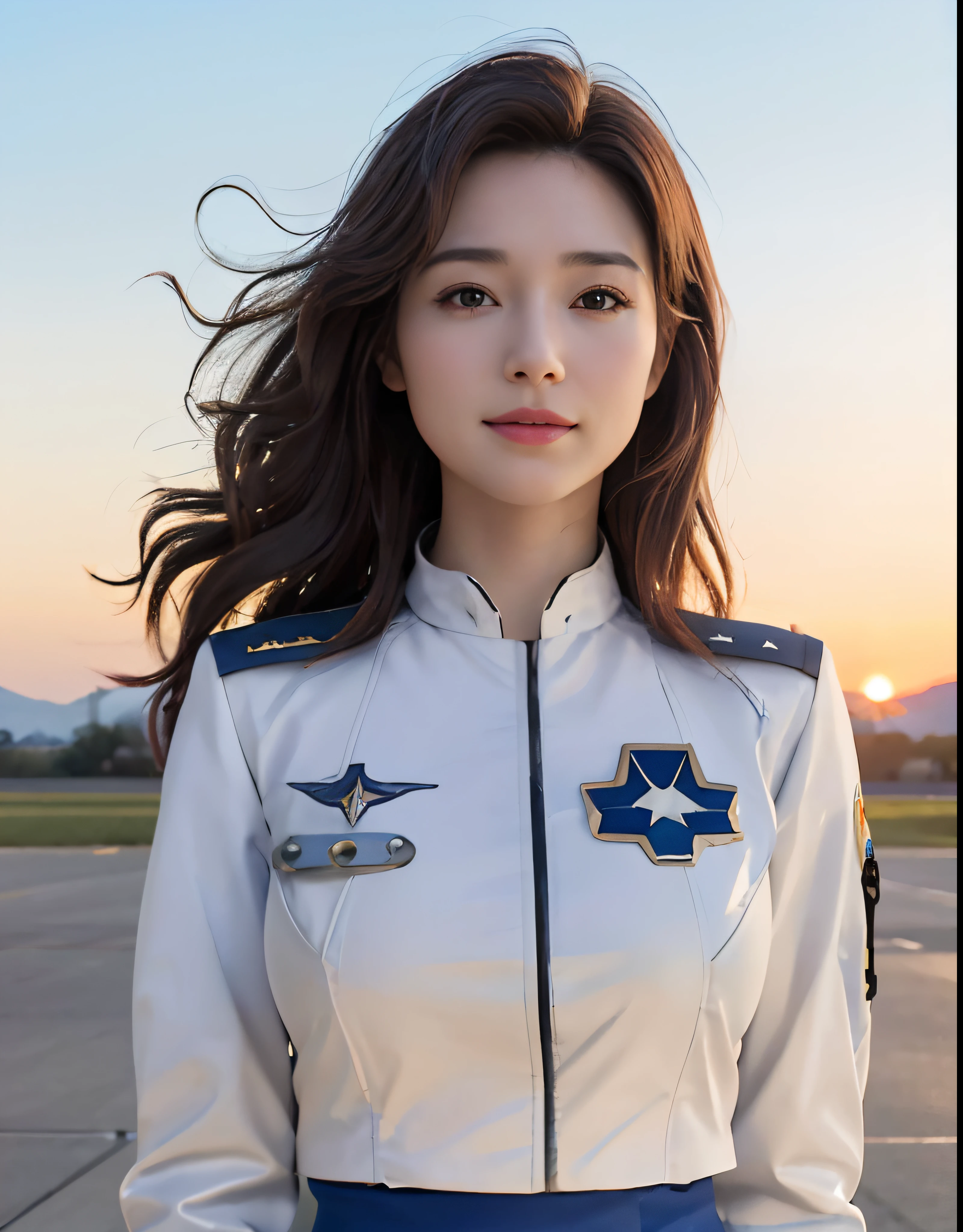 (Best quality, 8k, 32k, Masterpiece, UHD:1.2), (realistic:1.5), (masterpiece, Extremely detailed CG unity 8k wallpaper, best quality, highres:1.2), (ultra detailed, UHD:1.2), Photo of extremely cute and beautiful Japanese woman, (chestnut long wavy hair:1.2), adult, (detailed beautiful girl:1.4), best quality, woman, adult, (detailed US air-force pilot uniform:1.5), (white pilot captain jacket:1.3), (white high-waist pencil skirt:1.3), detailed clothes, (Beautiful sunset US air force base runway view background:1.3), embarrassed laughing:1, light smile, looking at viewer, facing the viewer, ((perfect female body)), (narrow waist:1.2), (upper body image:1.3), slender, abs, (large breasted:1.25), ((frame the head)), wind, dynamic pose, cinematic light, back light, perfect anatomy, perfect proportion, detailed human body, bokeh, depth of field,