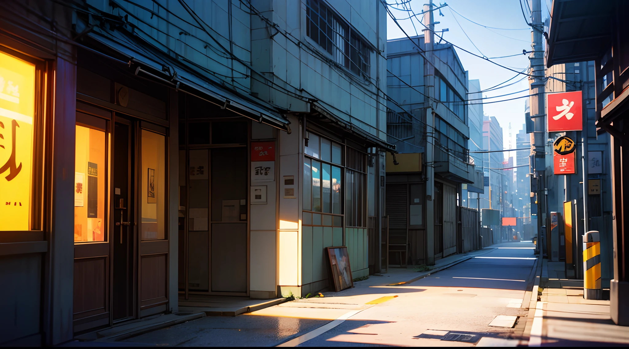 street、Metal steel building in the background、(Calm tones:1.25)、(HDR: 1.25)、(art  stations:1.2)、(intricate detailes:1.14)、(hyper realistic 3 d render:1.16)、(filmg:0.55)Tokyo Anime Scene, broody. by makoto shinkai, Octane Render. by makoto shinkai, cyberpunk streets in japan, tokyo alleyway, By Shinkai Makoto. Octane Render, style of makoto shinkai, japanese street, anime style cityscape, by makoto shinkai