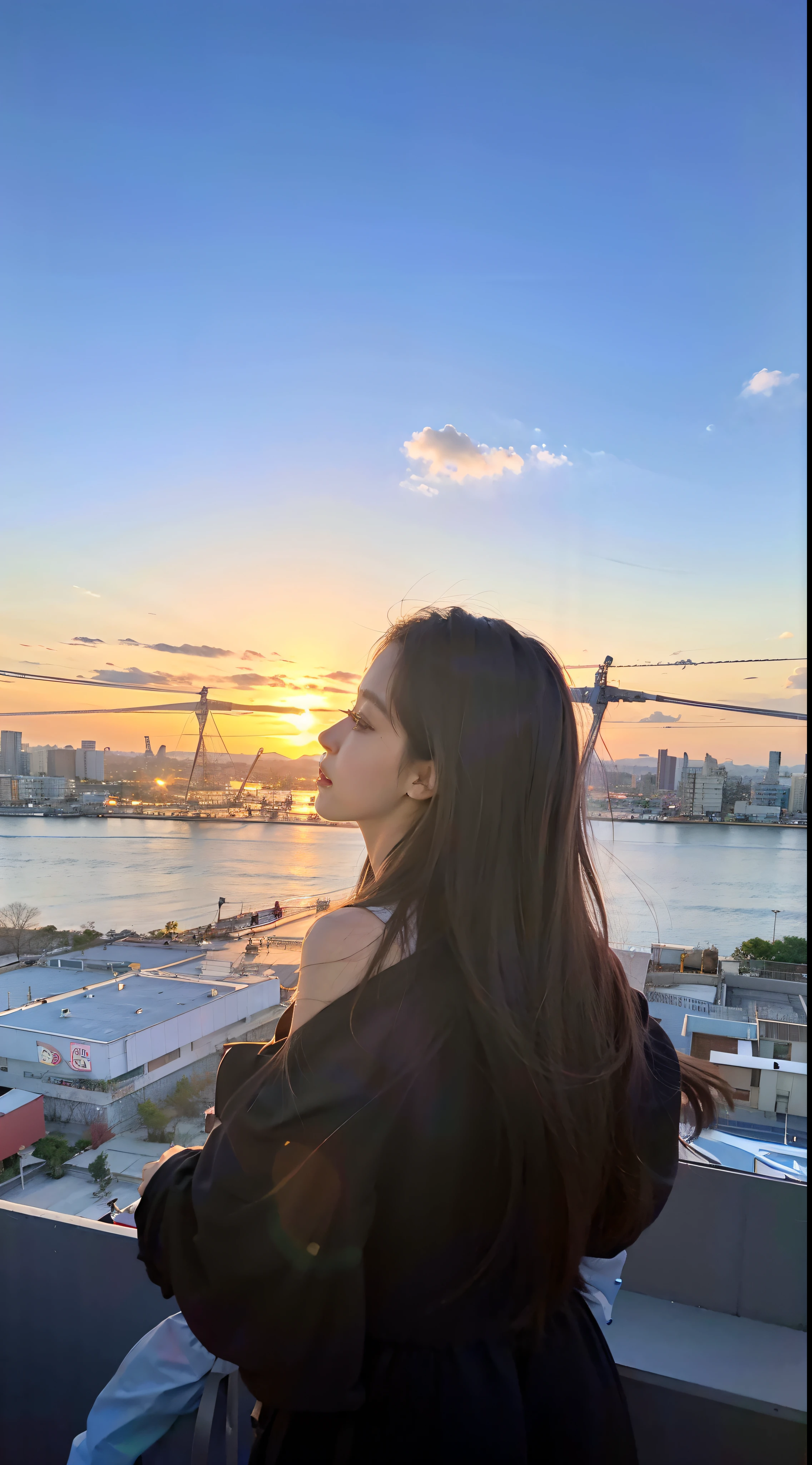 A woman stands on a balcony looking at the water, With sunset, jisoo from blackpink, jisoo of blackpink, with a sunset, blackpink jennie, with the sun shining on it, bae suzy, at a beautiful sunset, late sunset, hot with shining sun, watching the sunset, portrait jisoo blackpink, with backdrop of god rays, Beautiful and aesthetic