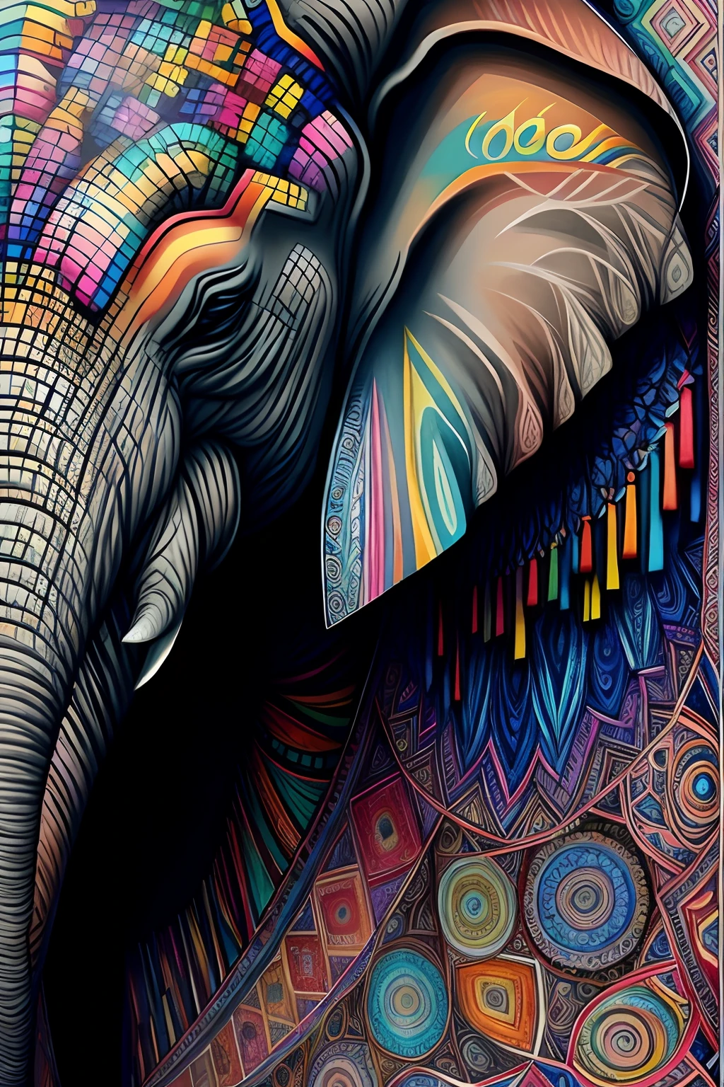 (AN ELEPHANT WITH VERY DETAILED EYES IN OBSERVATION ),  Eduardo Kobra acolchoamento ,Multidimensional geometric wall, arte, Chibi,
Yang08k, lindo, Colouring,
Primary works, qualidade superior, melhor qualidade, Arte Oficial, Beautiful and Aesthetic, 64k