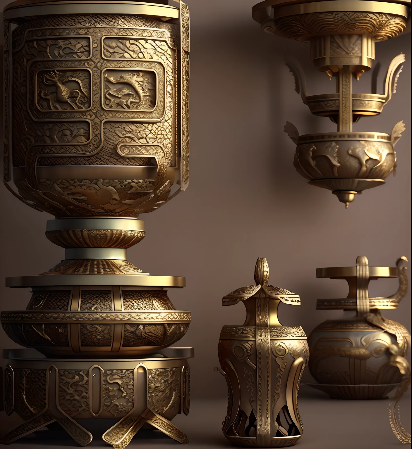 gold, bronze ware, dragon patterns, dragon scale, history of china cultural relics, atmosphere, ultra-high definition, ultra-detailed, cg rendering, oc rendering, strong texture