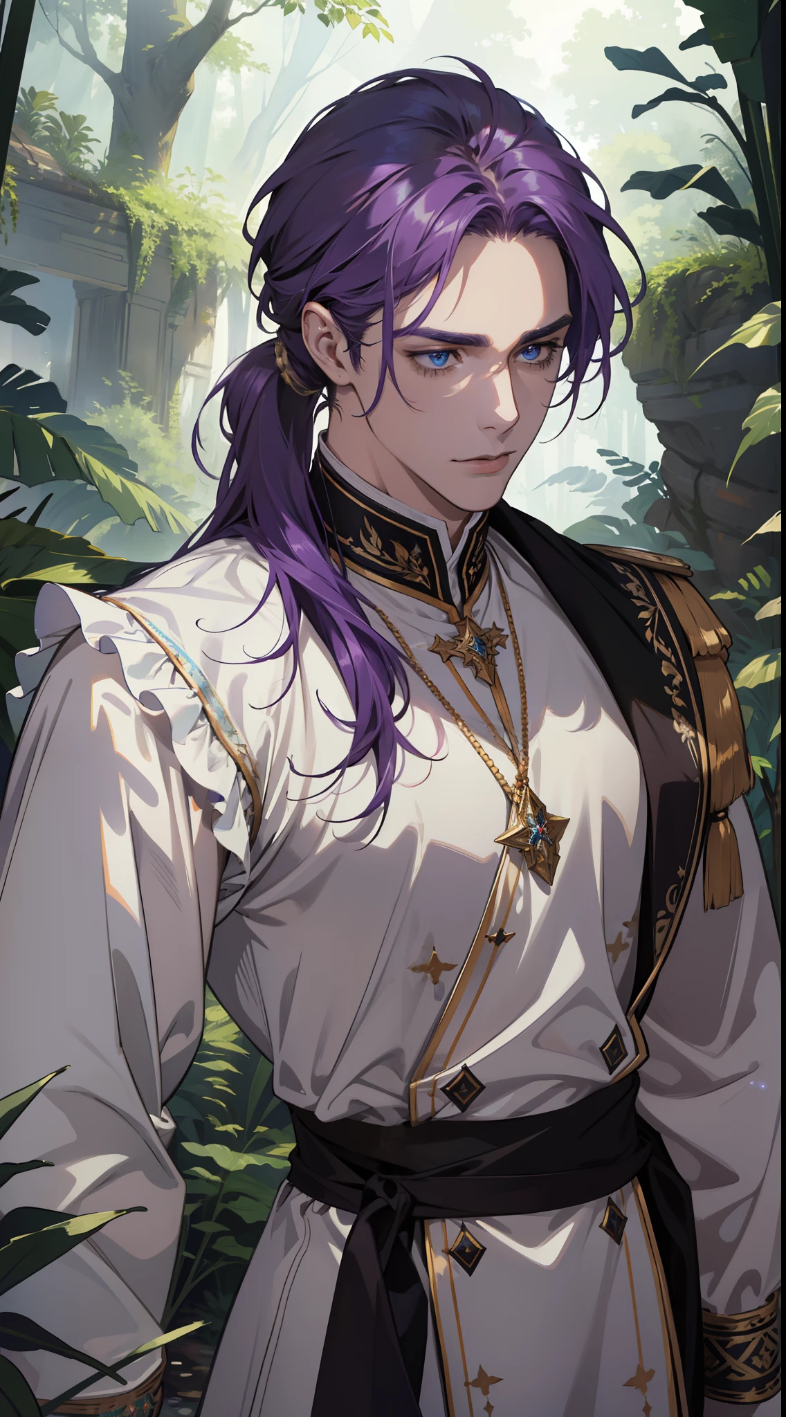 (absurdres, highres, ultra detailed)masterpiece, best quality, 1 male, adult, handsome, tall muscular guy, broad shoulders, finely detailed eyes, low ponytail purple hair, blue eyes, white robe, forest, trees full of greenery, fluttering leaves, pond, natural light and shadow, There are shiny particles flying around the man, fantastic, fairy tale, mysterious, shining sparkle, (dutch angle), closed mouth, dynamic light and shadow