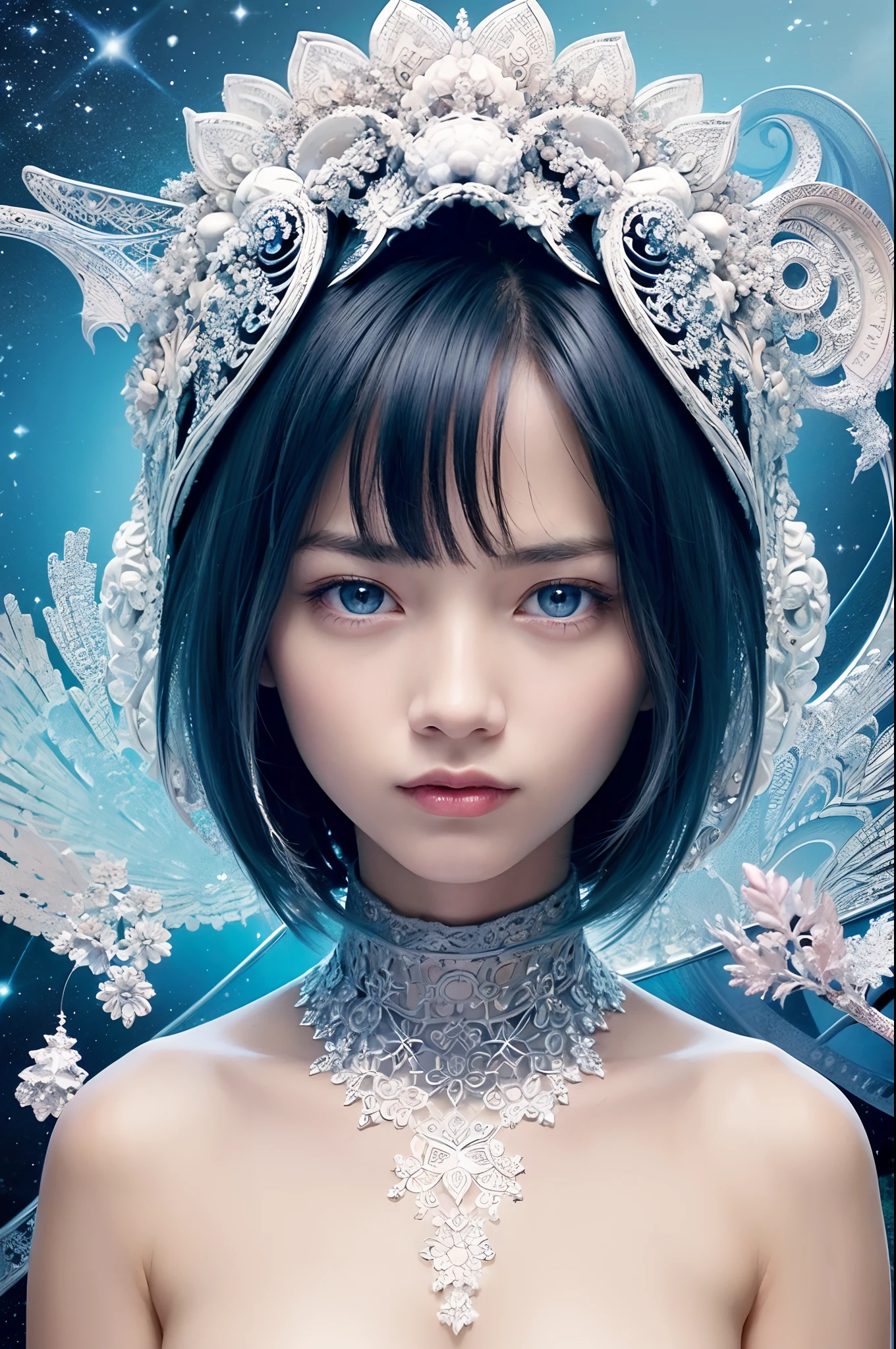 (masterpiece, top quality, best quality, official art, beautiful and aesthetic:1.2), (1 naked girl:1.2), cute, extreme detailed,(abstract:1.4, fractal art:1.3),(silver_hair:1.1), blue eyes,colorful,highest detailed, Beautiful girl trapped inside a big soap bubble,Game of Thrones,Tai Chi,teen