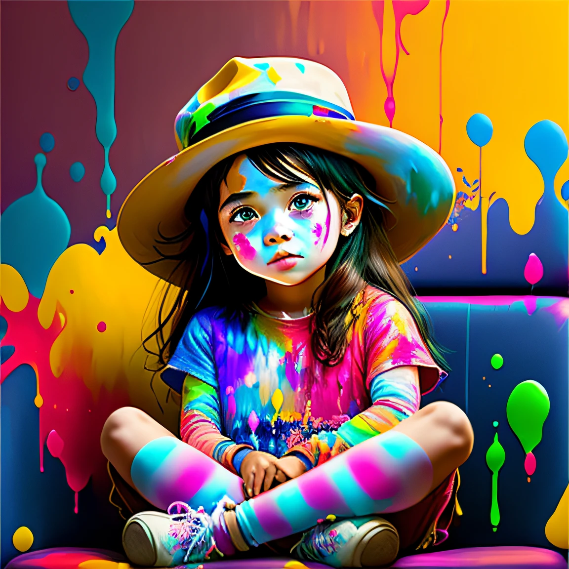 Little girl in hat，sitting in the couch，Sit cross-legged，The upper part of the body，The face was painted with colored paint，ssmile，Character rendering, super high-quality model, ethereal background, Abstract beauty, explosive volume, oil painted, Heavy strokes, paint drips，4K，k hd，tmasterpiece