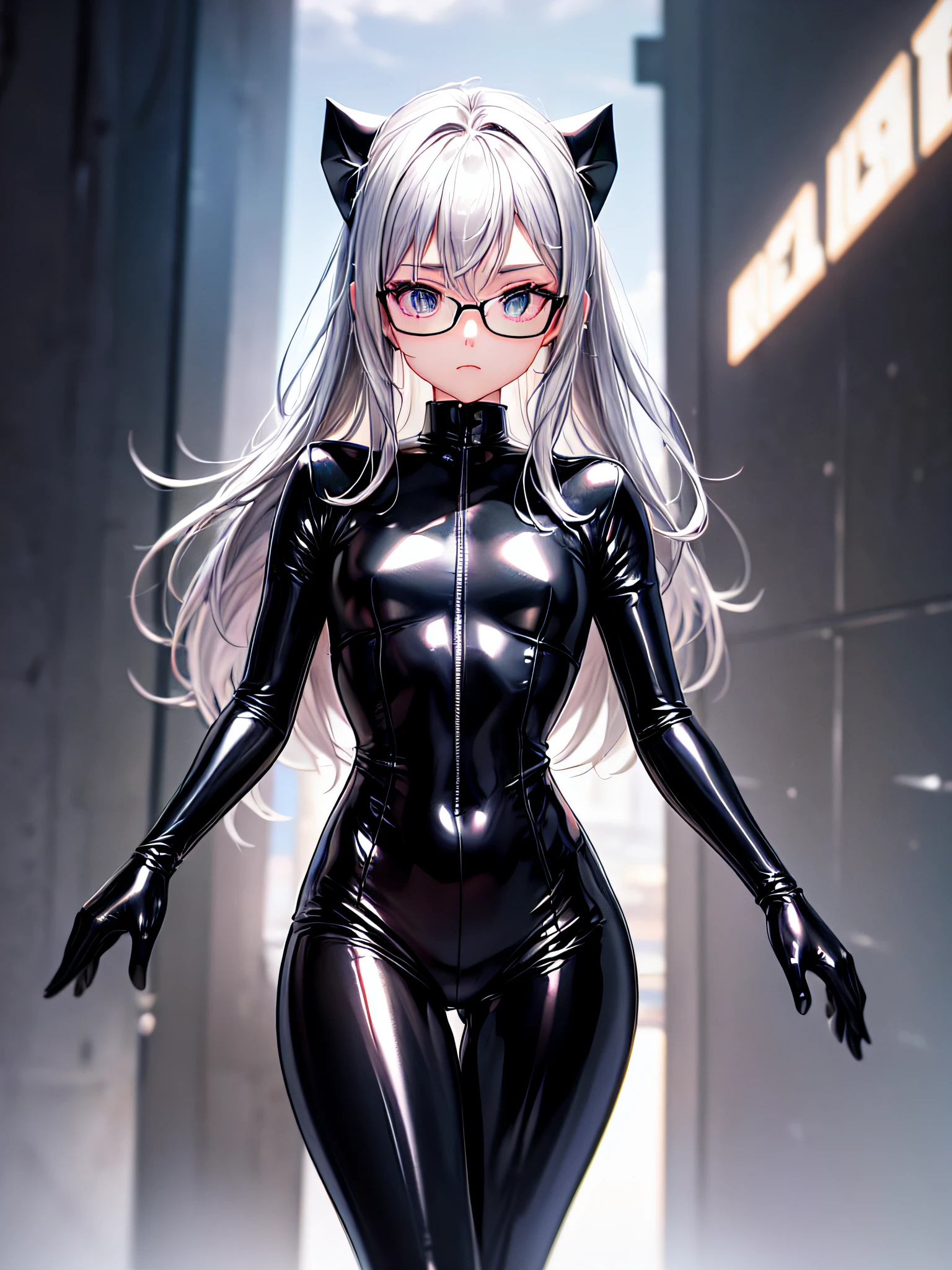 5 8K UHD、Silver-haired and small-nosed beauty in a shiny black rider suit with black shiny fingertips hiding skin up to the tips of black shiny fingertips wearing glasses is looking down with legs wide open、Late night city、Wearing a shiny black latex slider suit with hidden skin、Shiny black latex slider suit、Beautiful-nosed woman with one leg raised with expressionless eyes、Beauty with small nose with open legs、NSFW