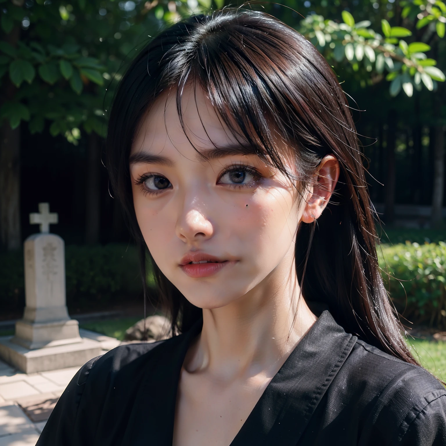 ((top-quality))、((masterpiece))、(ighly detailed:1.3)、nffsw(HighDynamicRange)、Ray traching、NVIDIA RTX、Hyper-Resolution、Unreal 5、Sub-surface scattering、PBR Textures、post processed、Anisotropy Filtering、depth of fields、Maximum sharpness and sharpness、 multi-layer texture、Albedo and specular mapping、Surface Shading、Accurate simulation of light-material interactions、Perfect Ratios、octane renderings、Duotone lighting、Low ISO、White Balance、thirds rule、Large aperture、8K Raw、high efficiency sub-pixel、sub-pixel convolution、Luminescent particles、light scattering、Tindall Effect、one beautiful women、Sad face、Beautiful facial features、Eyes are double、Japan's grave、Visiting graves、Bright sunshine、Mourning、Black clothe、Scenery with a Japanese atmosphere、tthin eyebrows