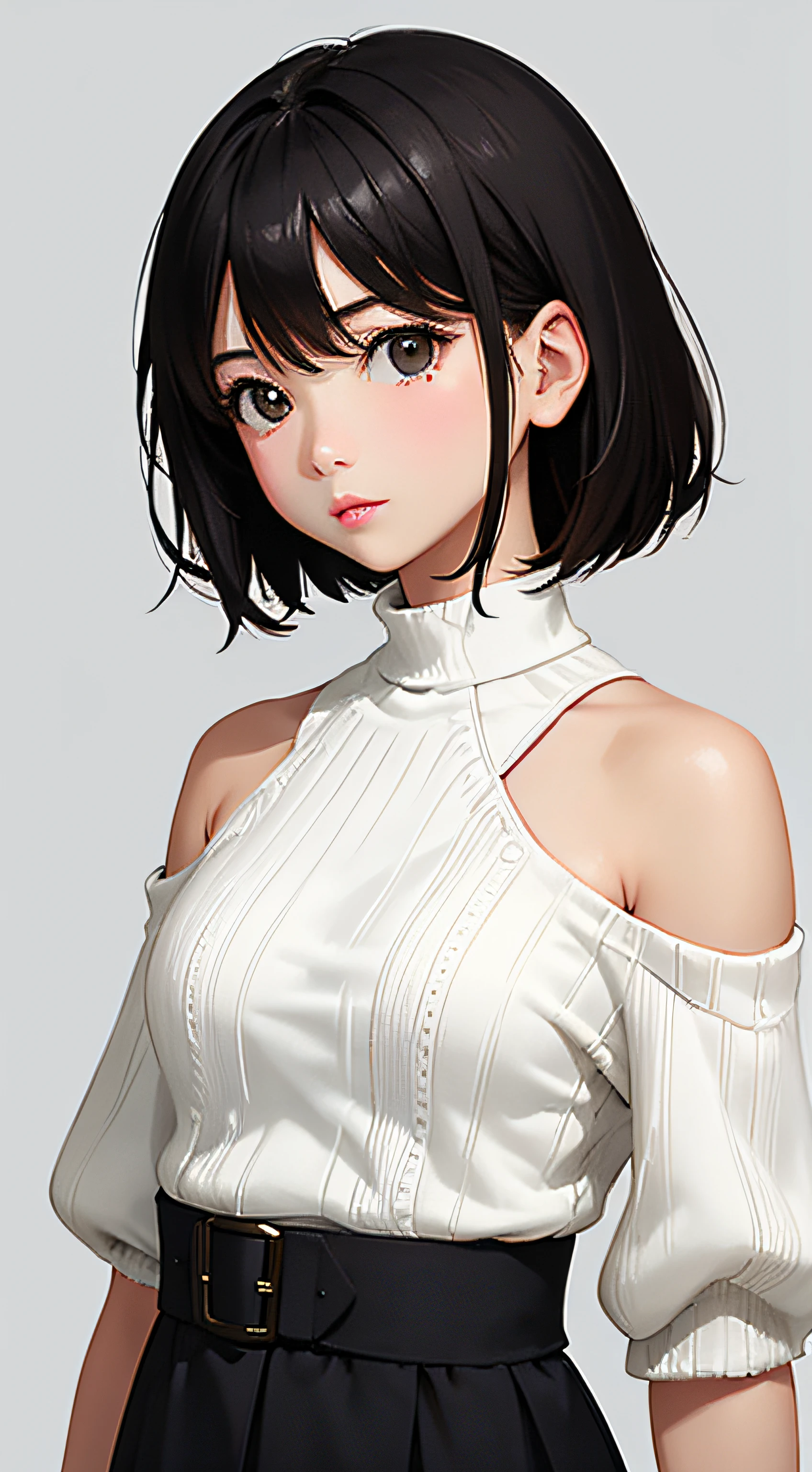 girl with、(Face Details:1.2)、​masterpiece、a short bob、Brown eyes、super precision、top-quality、Top image quality、Ultra-precise depiction、8K picture quality、simple background、off shoulders、Knitted dresses、