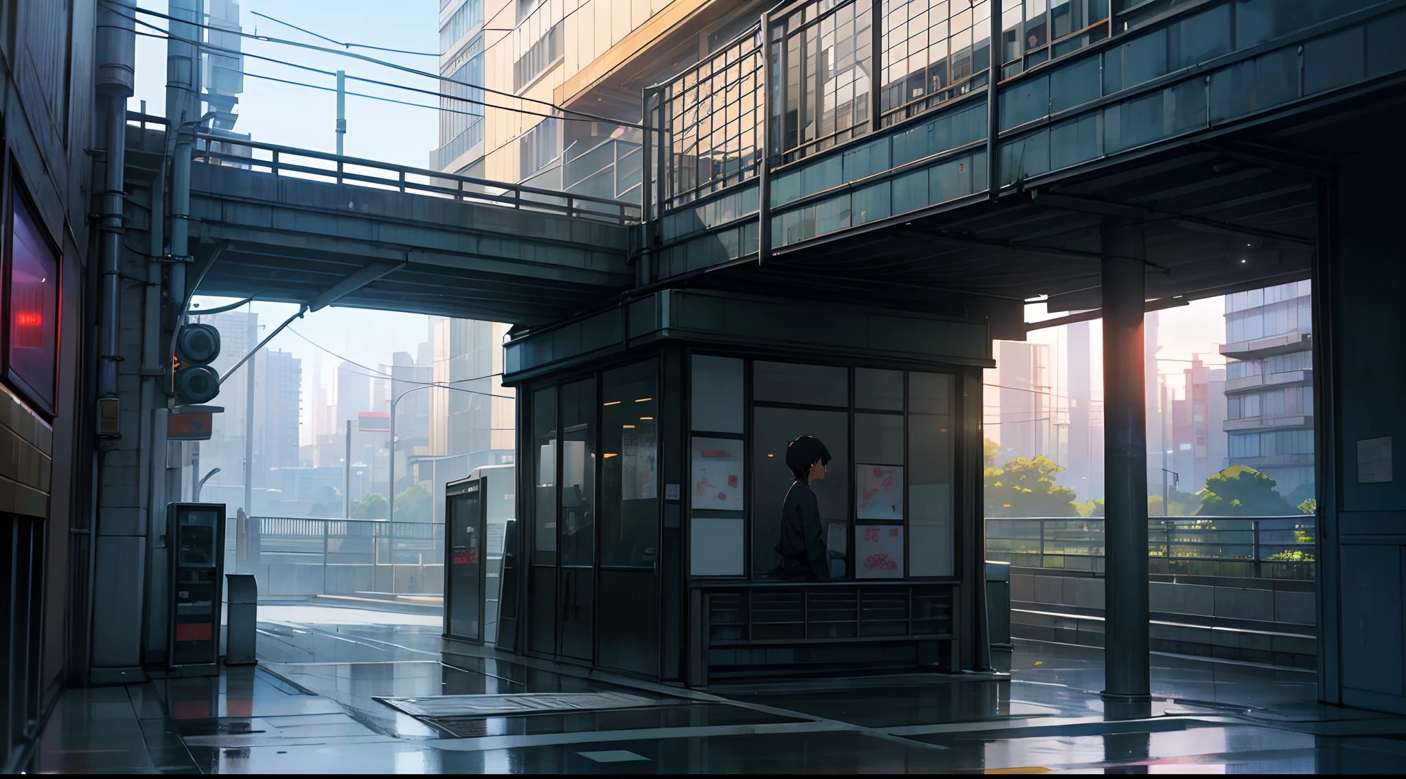 Street、Metal steel building on background、(Calm tones:1.25)、(nffsw: 1.25)、(art  stations:1.2)、(intricate detailes:1.14)、(hyper realistic 3 d render:1.16)、(filmg:0.55)Tokyo Anime Scene, broody. by makoto shinkai, Octane Render. by makoto shinkai, cyberpunk streets in japan, tokyo alleyway, By Shinkai Makoto. Octane Render, style of makoto shinkai, japanese street, anime style cityscape, by makoto shinkai